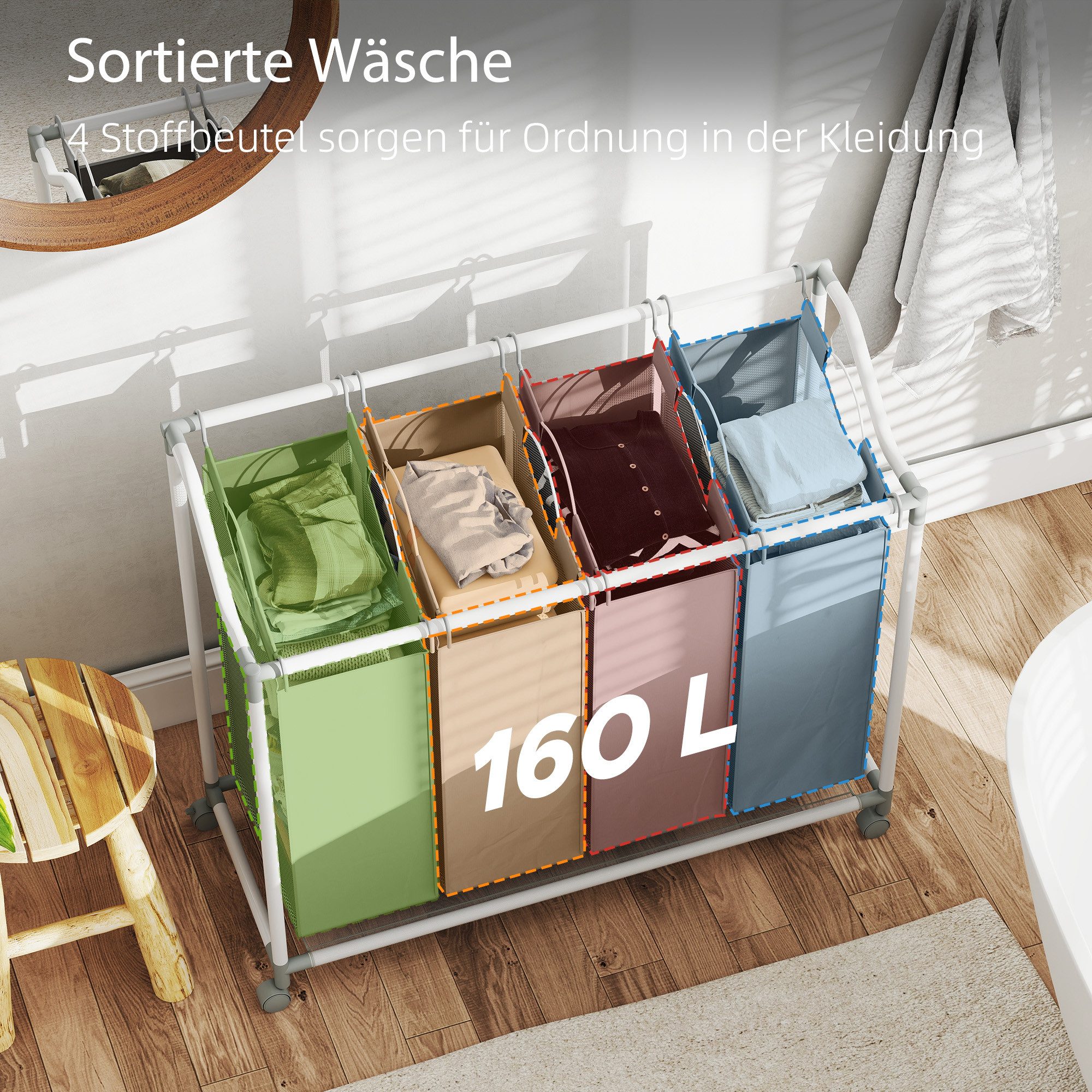 HOMCOM Wäschekorb 4 Fächer 160 L Wäschesack, Wäschesortierer mit Rädern (Wäschesammler, 1 St., Wäschebox), für Waschküche, Schlafzimmer, Badezimmer, Grau – Bild 4 von 5