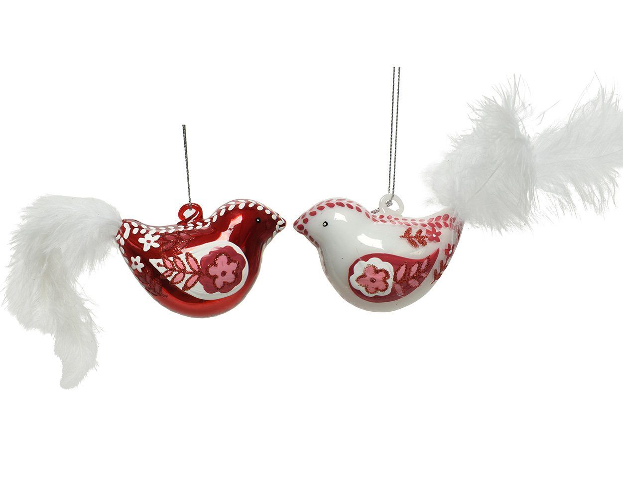 Decoris season decorations Christbaumschmuck, Christbaumschmuck Glas Vogel mit Motiv 8cm rot / weiß, 1 Stück sort.