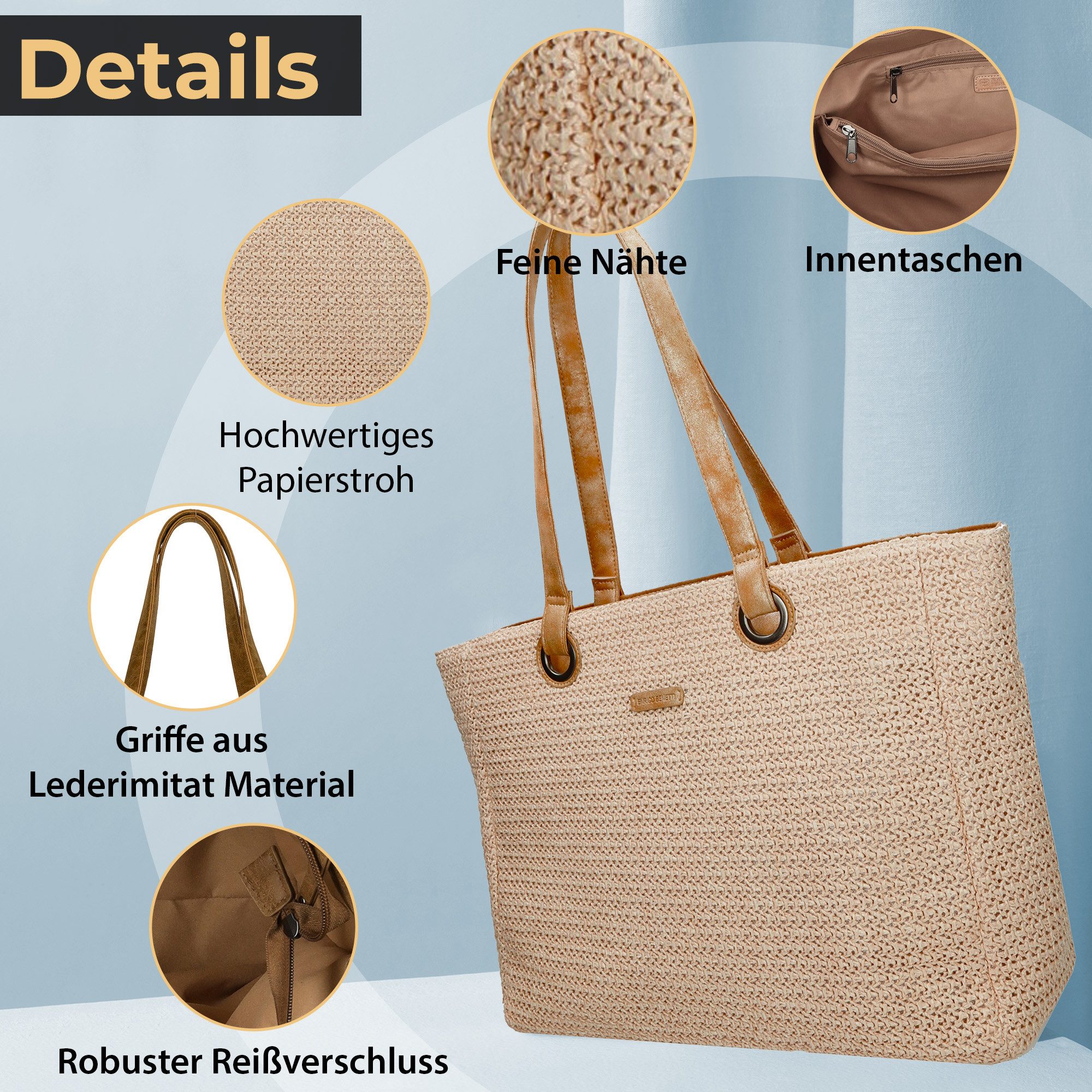 Enrico Benetti Strandtasche Badetasche mit Reißverschluss Damen Herren – Shopper groß (Shopper, groß), in schöner Bastoptik