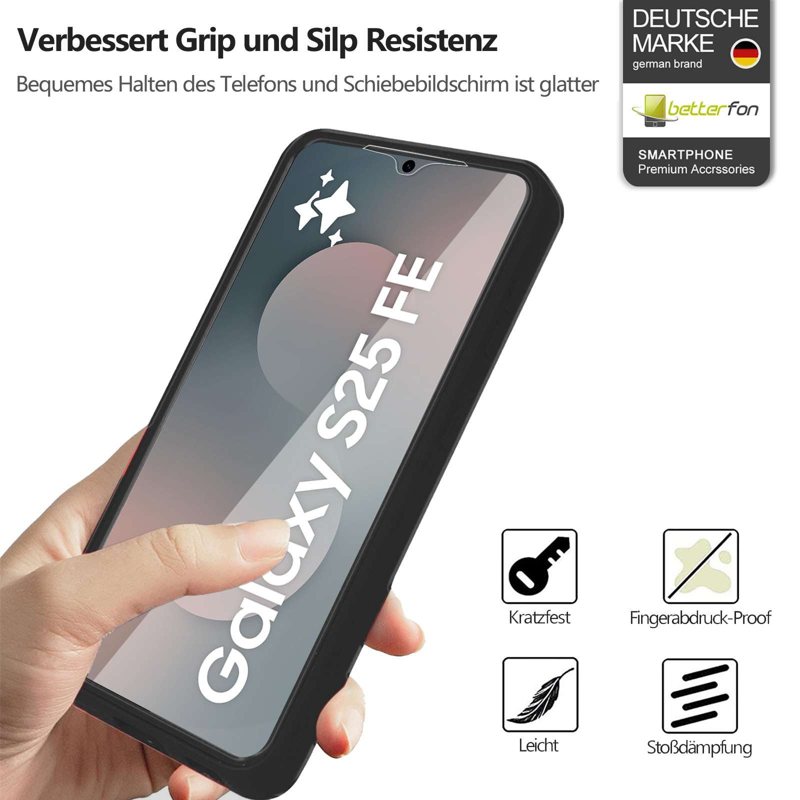 betterfon Handyhülle Handyhülle für Samsung Galaxy S25 FE 2-teiliges 360° TPU Schwarz, Vollschutz Case mit integriertem Displayschutz und klarer Sicht