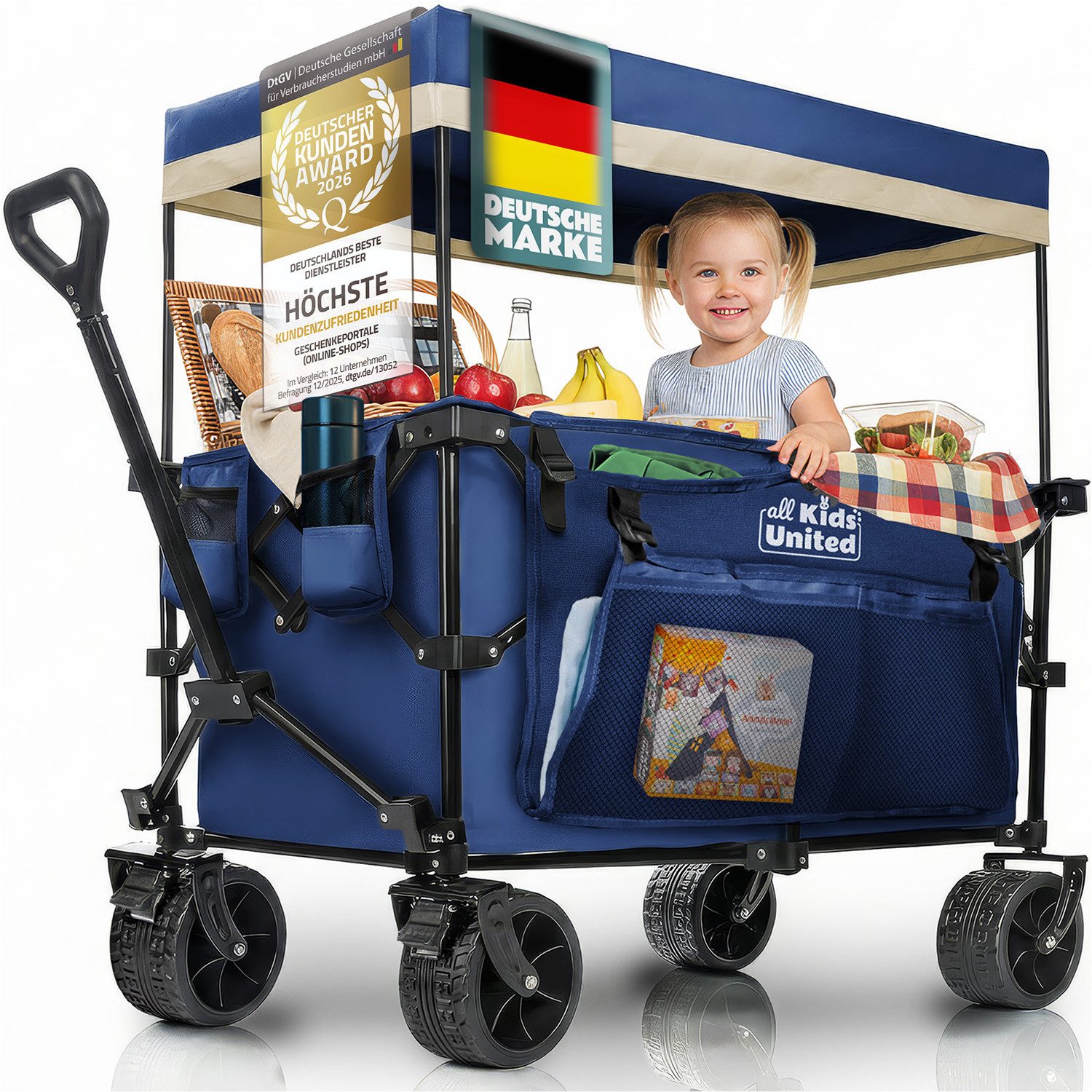 all Kids United Bollerwagen All Kids United Faltbarer Bollerwagen – 90 L, 150 kg, Strand & Garten (Verstellbarer Griff)