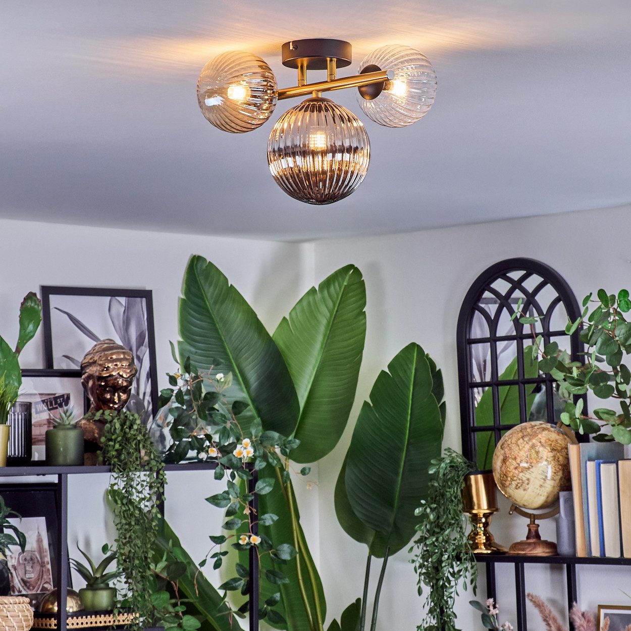 hofstein Deckenleuchte Deckenlampe aus Metall/Riffelglas in Schwarz/Gold/Rauch/Bernstein/Klar, ohne Leuchtmittel, Deckenleuchte im modernen Vintage-Design (Schirme Ø 12; 15 cm), 3 x G9