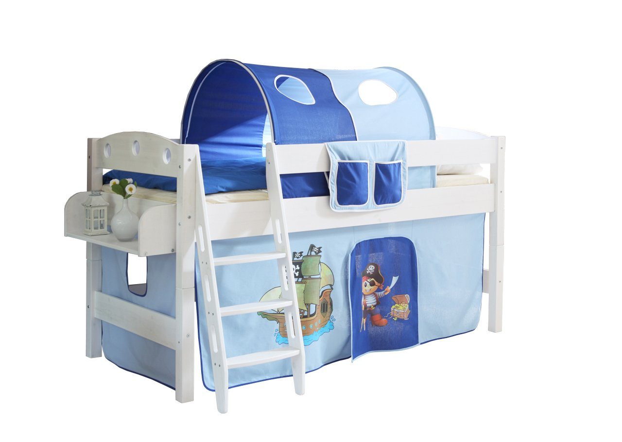 Ticaa Hochbett Hochbett "Kenny R" Kiefer Weiß Motiv Weiß lackiert (Holzmaserung sichtbar)