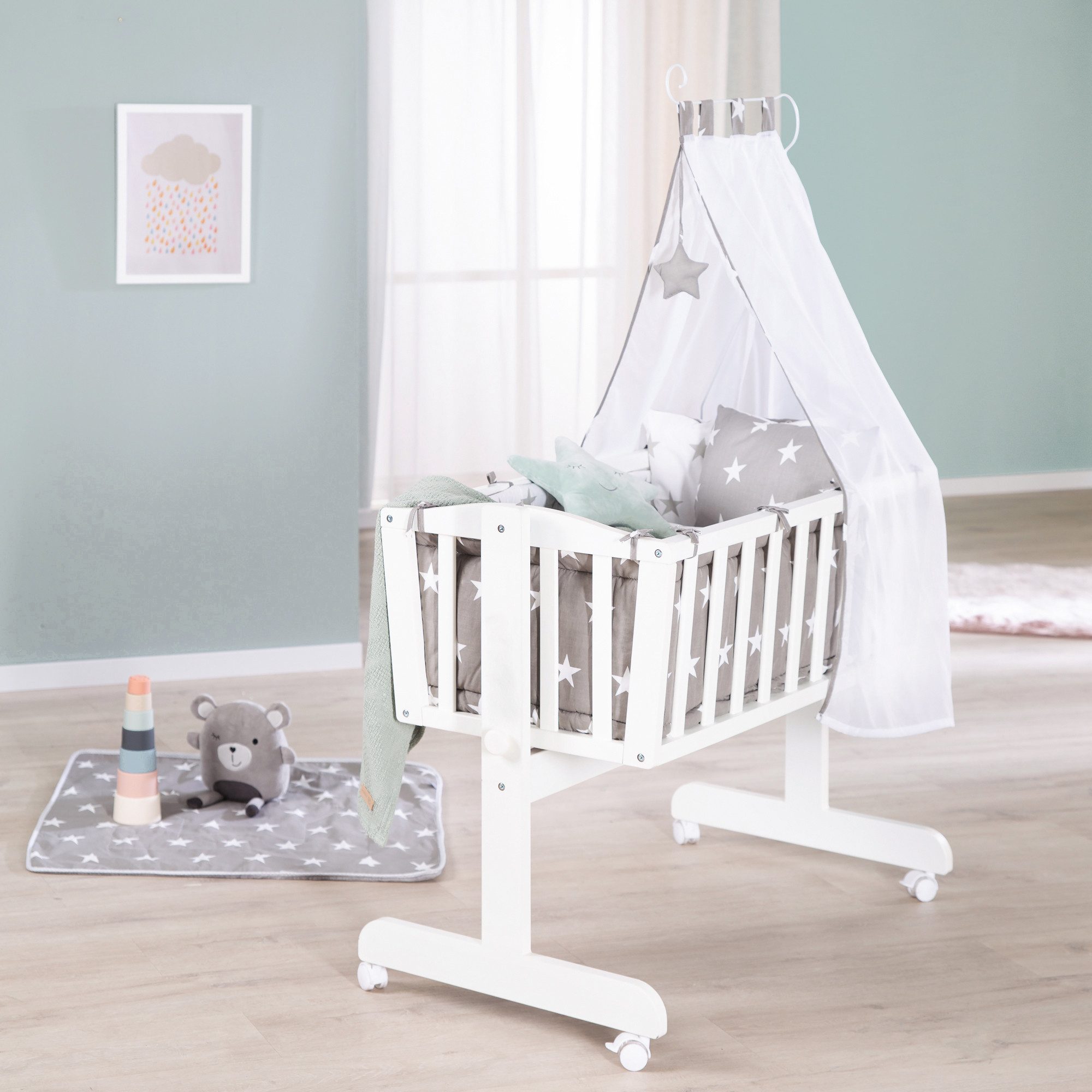 roba® Stubenbett Komplettwiegenset "Little Stars", Stubenwagen & Wiege aus Holz in Weiß / Grau