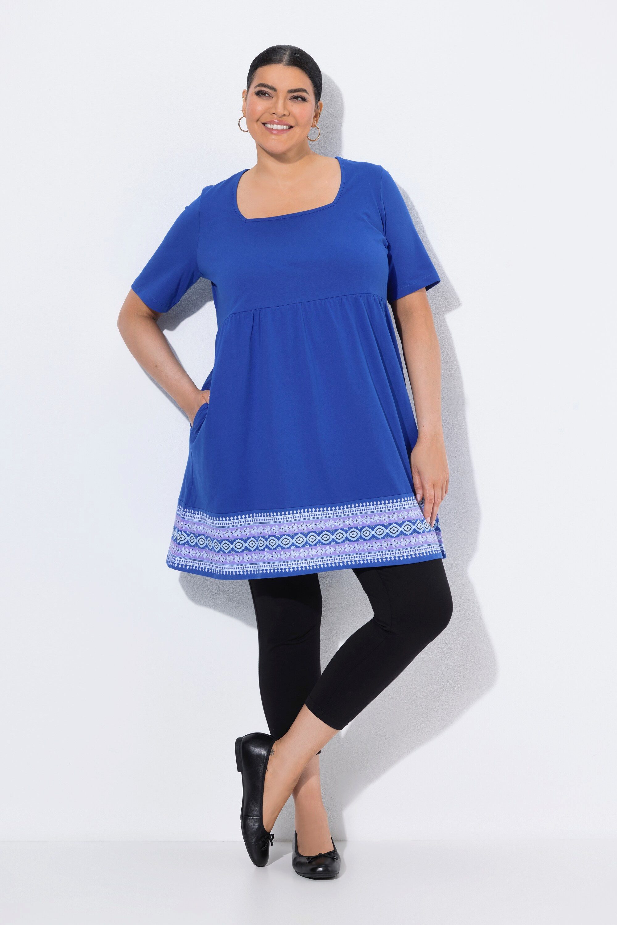 Ulla Popken Longshirt Longshirt Bordürendruck Carré-Ausschnitt Halbarm
