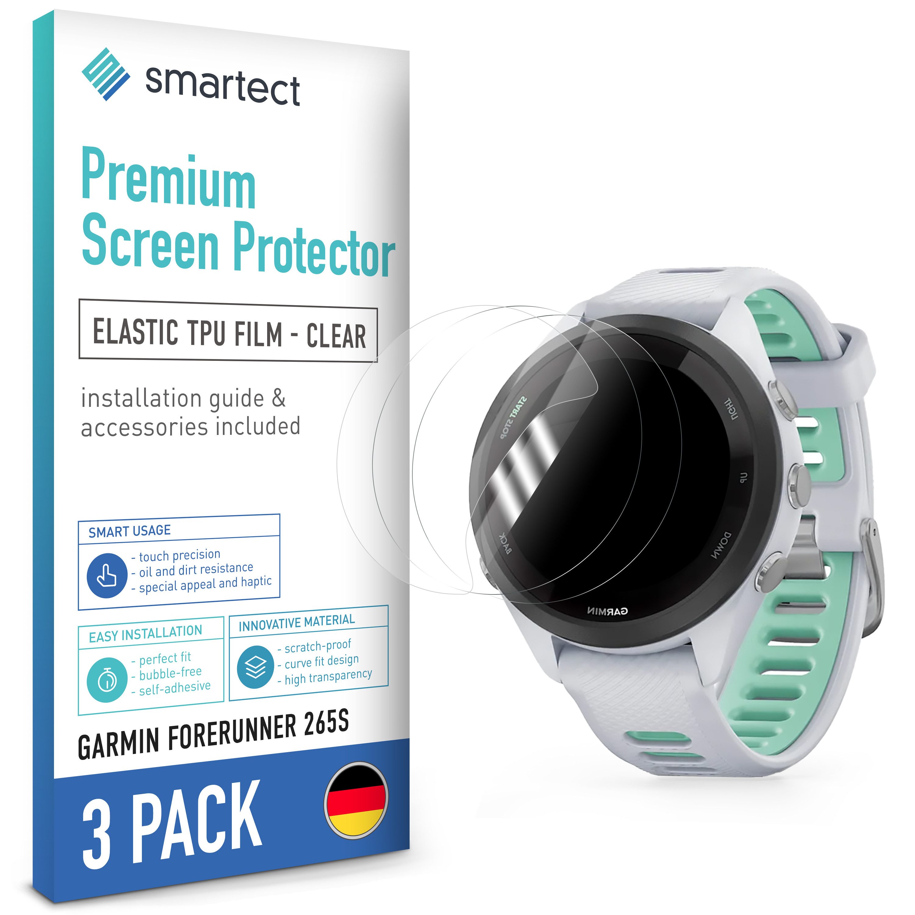 smartect Displayschutzfolie TPU Schutzfolie Klar für Garmin Forerunner 265s, Set, 3 Stück, Panzerfolie Bildschirm Displayfolie