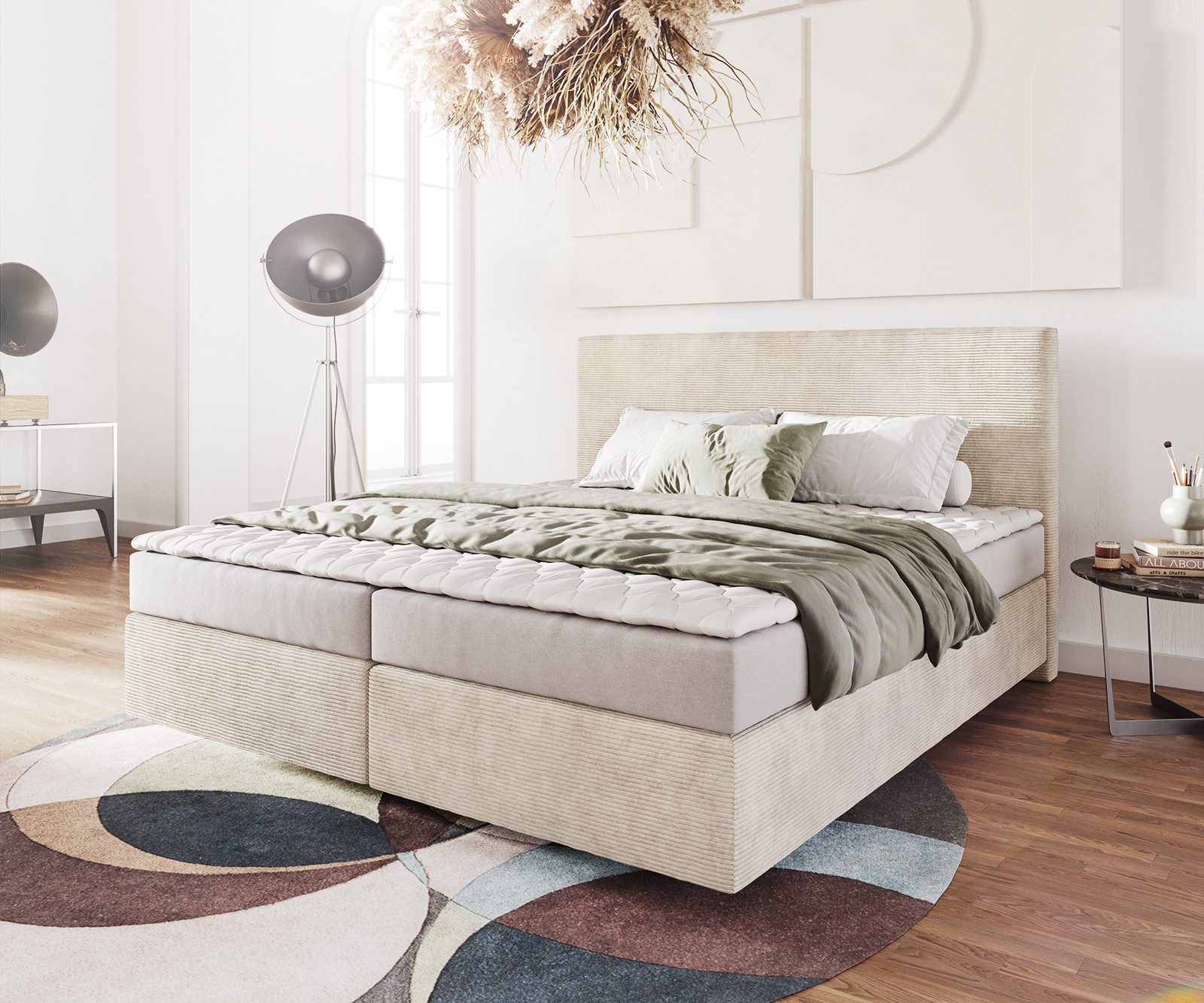DELIFE Boxspringbett Dream-Well, Cord Beige 180x200 cm mit Matratze und Topper
