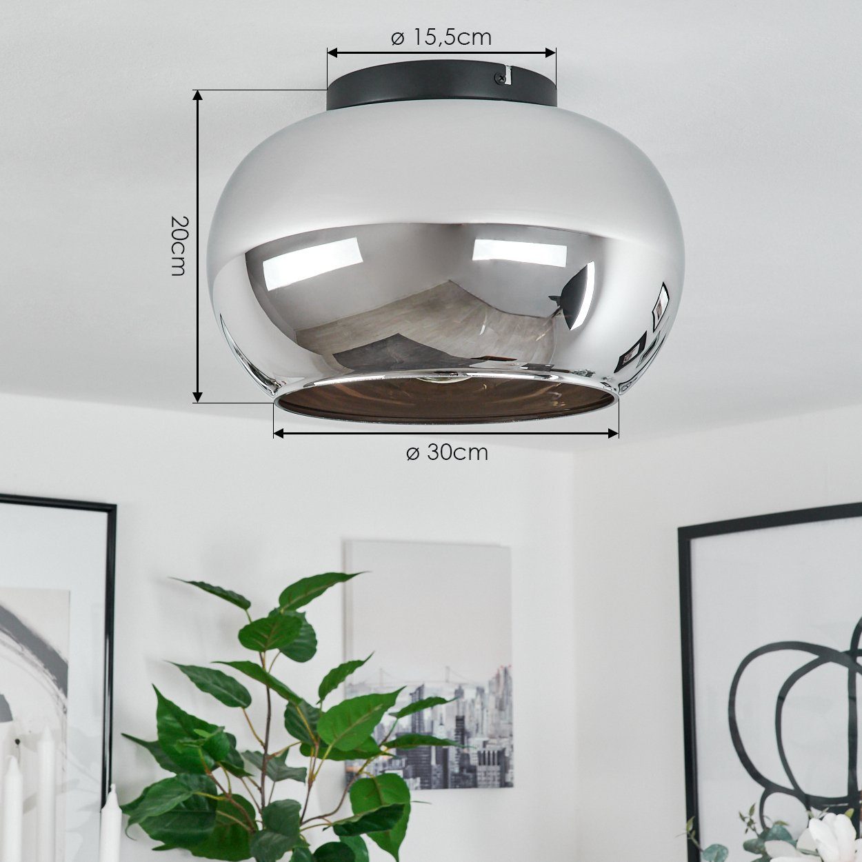 hofstein Deckenleuchte »Cardeto« moderne Deckenlampe aus Metall/Glas in Schwarz/Chromfarben, ohne Leuchtmittel, Leuchte im Retro/Vintage-Design mit Schirm aus G – Bild 4 von 5