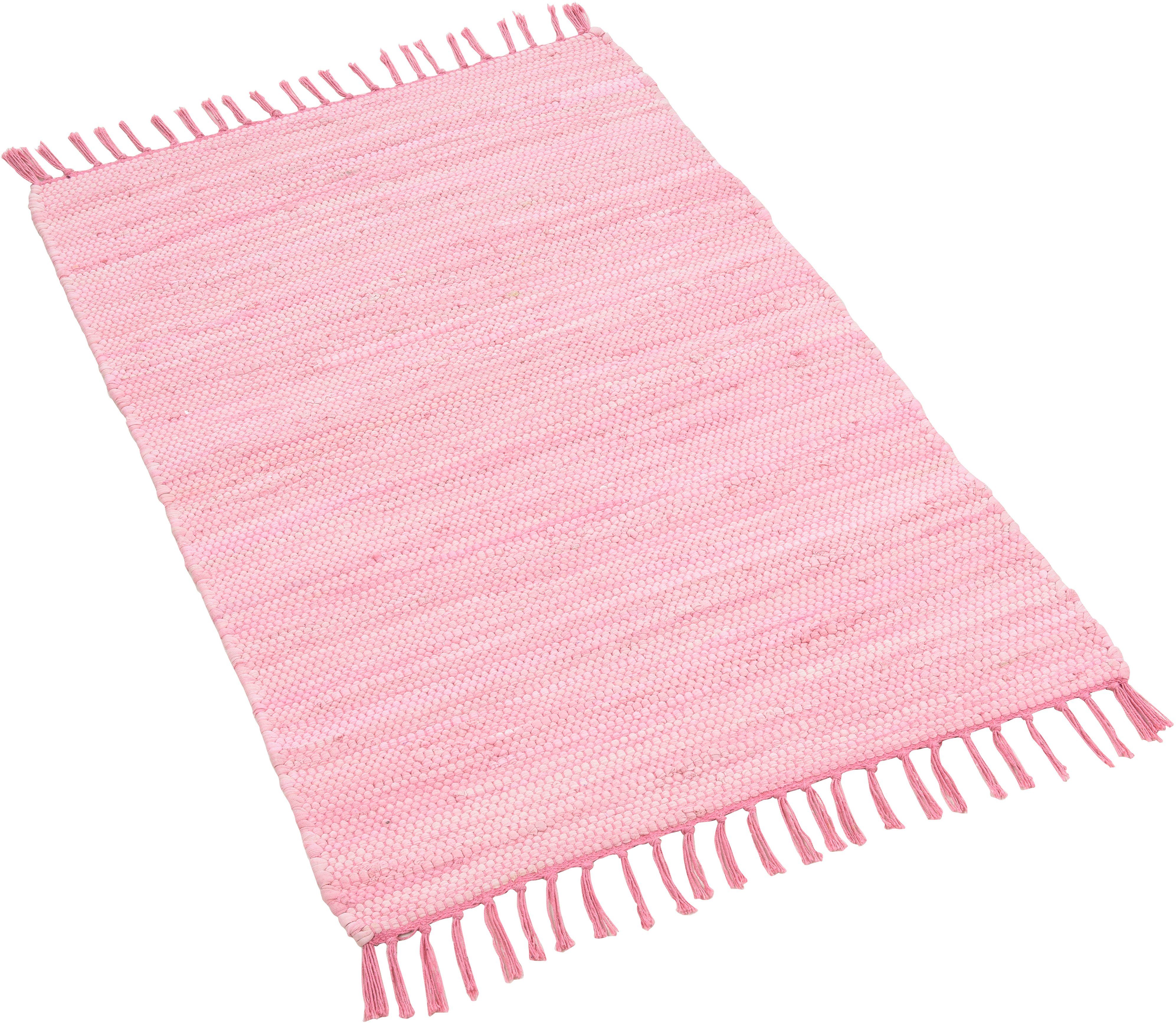 Teppich Happy Cotton, THEKO, rechteckig, Höhe: 5 mm, Handweb Teppich, Flachgewebe, reine Baumwolle, handgewebt, mit Fransen rosé