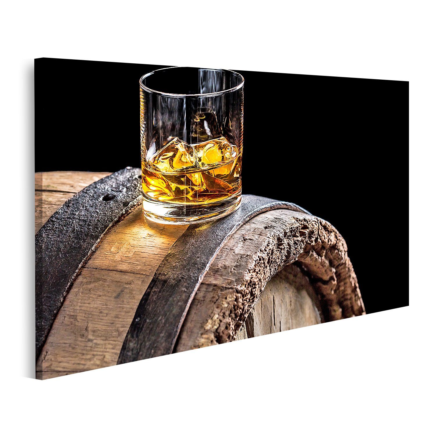 Leinwandbild Bild auf Leinwand Glas Whisky Mit Eis Auf Alten Eichenfass Wandbild L