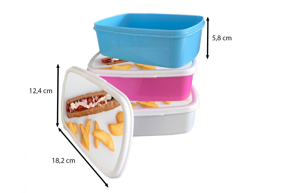 (2-tlg), weißen, Gesegnete MuchoWow Kunststoff, Brotbox für Lunchbox Frikandelspezialität Mädchen, einem Pommes Snackbox, Kinder, mit Kunststoff Brotdose Erwachsene, auf frites rosa