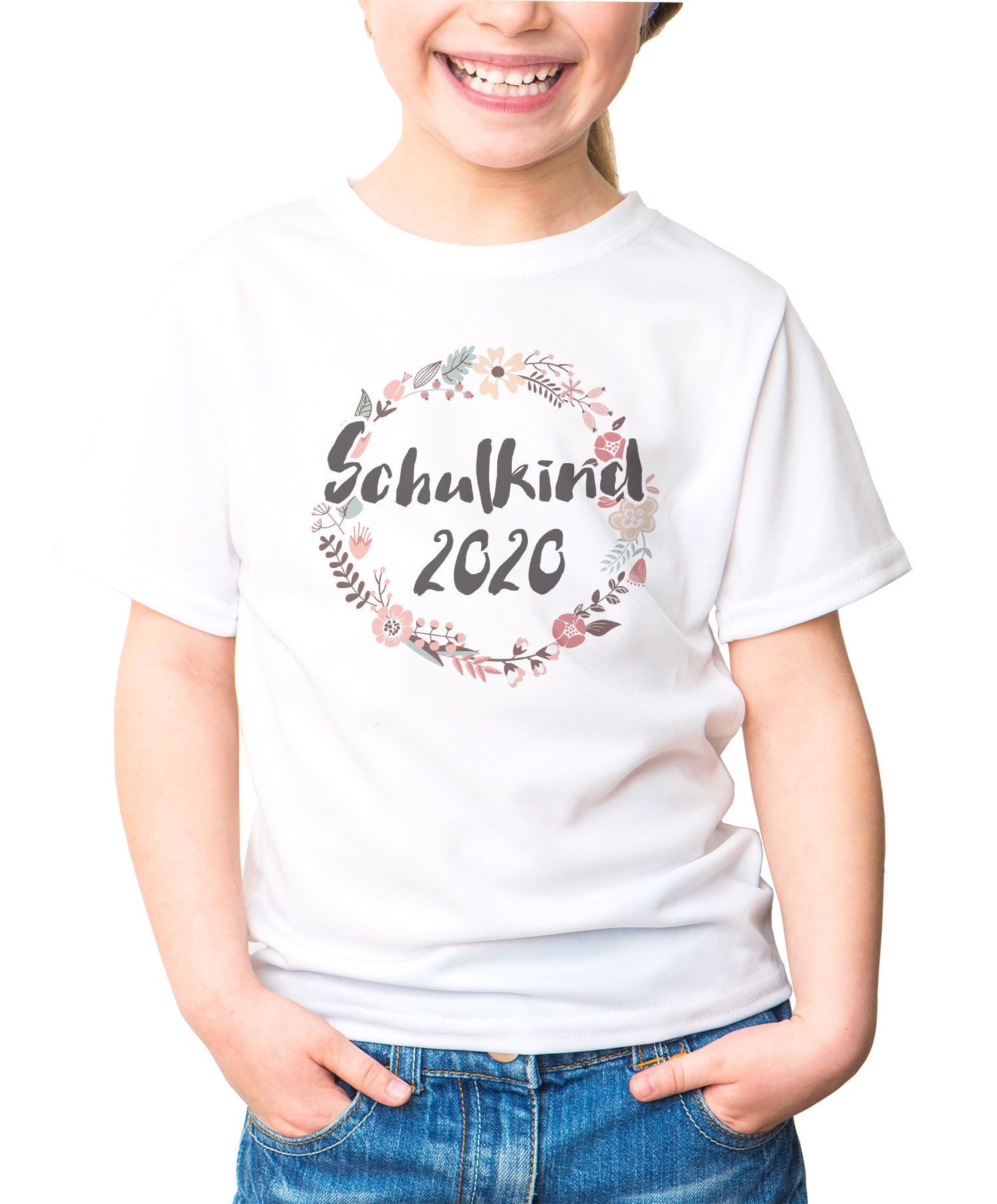 MoonWorks Print-Shirt Kinder T-Shirt Mädchen Aufdruck Schulkind 2020 Blumenranken Bordüre