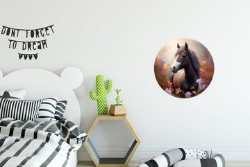 MuchoWow Wandsticker Pferd - Blumen - Natur - Lila - Tiere (1 St), Tapetenkreis für Kinderzimmer, Tapetenaufkleber, Rund, Wohnzimmer