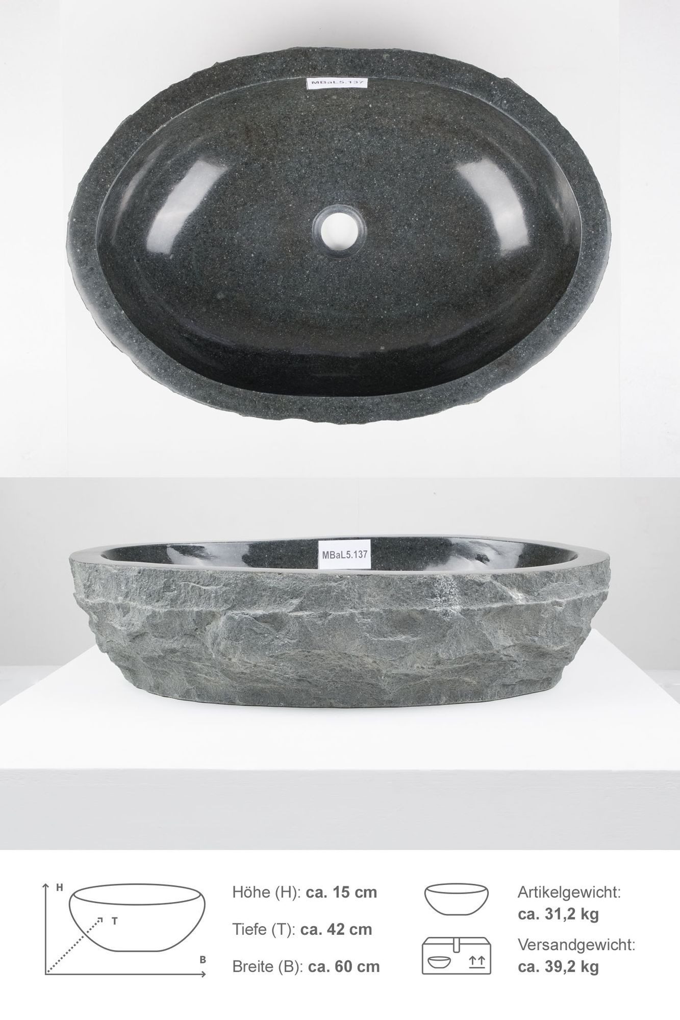 wohnfreuden Aufsatzwaschbecken Andesit Waschbecken EROSI 60 cm anthrazit natur (Kein Set), 125590_MBaL5.137