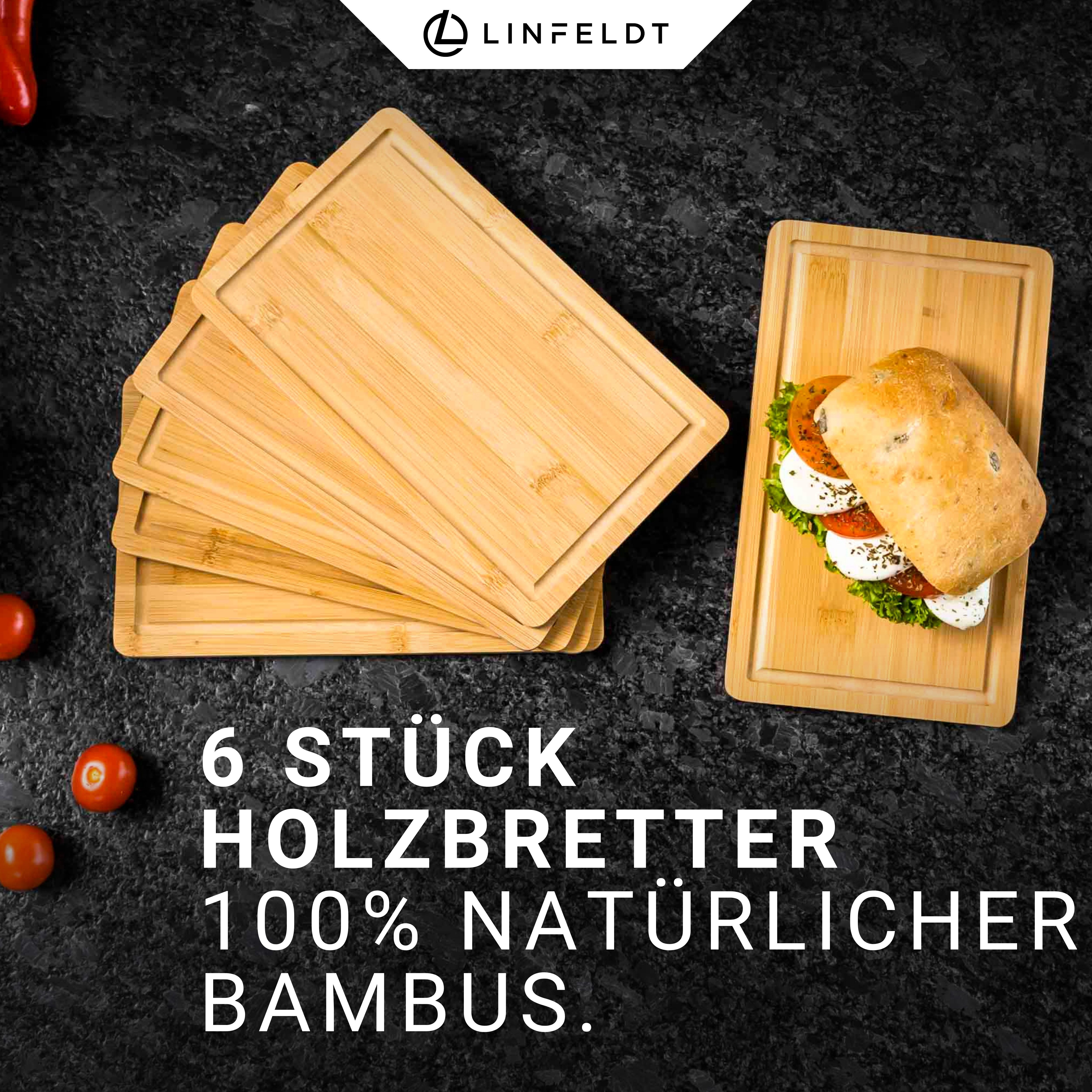 LINFELDT Frühstücksbrett 6er Set aus Bambus mit Saftrille - Rückseite Glatt - 27x16x1cm, (Set, 6-St., 6 Frühstücksbrettchen), mit Saftrille, glatte Unterseite – Bild 2 von 5
