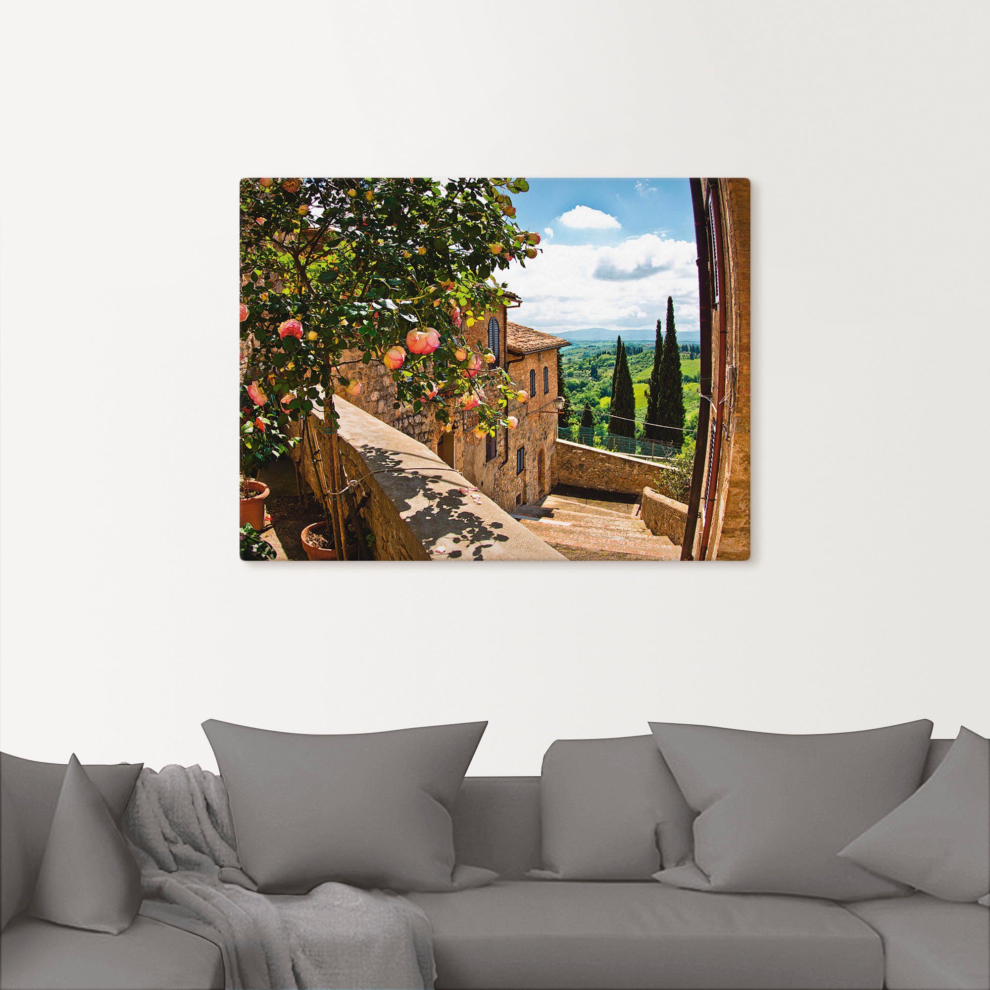 Artland Wandbild Rosen auf Balkon Toskanalandschaft, Garten (1 St), als Leinwandbild, Poster in verschied. Größen