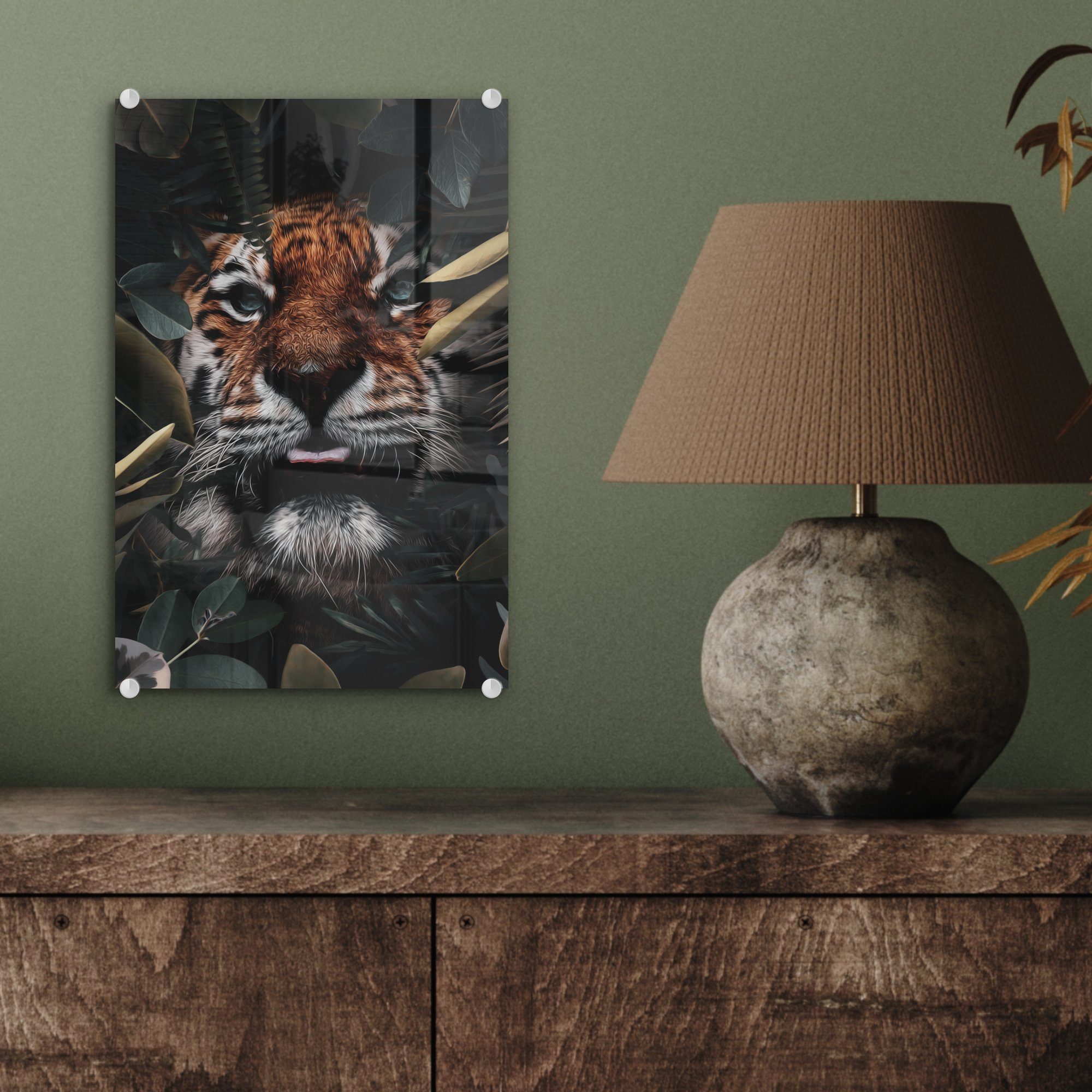 St), Tiger bunt Acrylglasbild Wandbild - Glas (1 Glasbilder MuchoWow Pflanzen, auf Foto - auf Bilder - Nahaufnahme - Wanddekoration - Glas