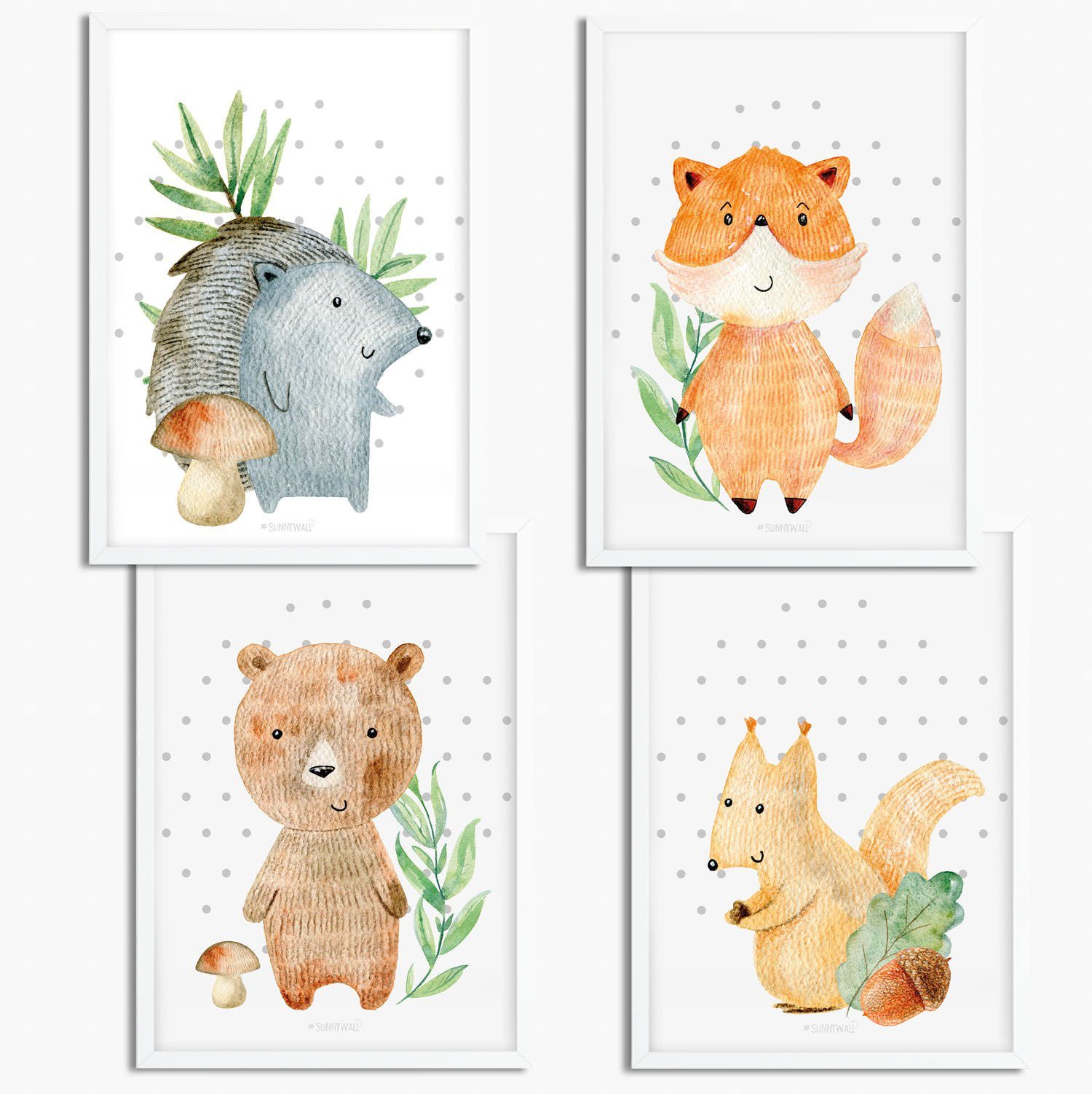 Sunnywall Poster Poster Kinderzimmer Fuchs Igel Bär Waldtiere Woodland (4er Set), Fuchs, Igel Bär (Woodland-Waldtiere) (Set, 4 St), ungerahmt