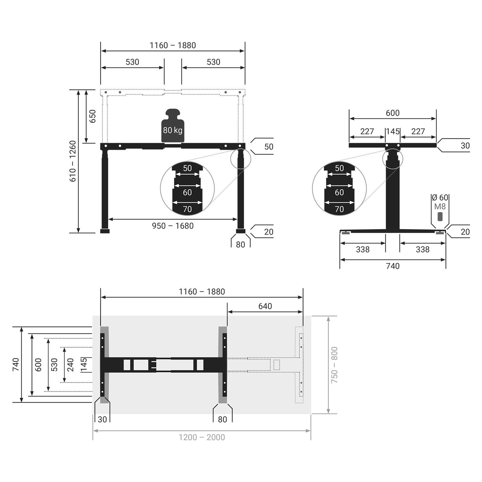 boho office® Schreibtisch Basic cm Lichtgrau (RAL9006) höhenverstellbar 120 mm/Sek, 80 Tischplatte | x Lichtgrau Silber 80 Line, (RAL7035) Silber