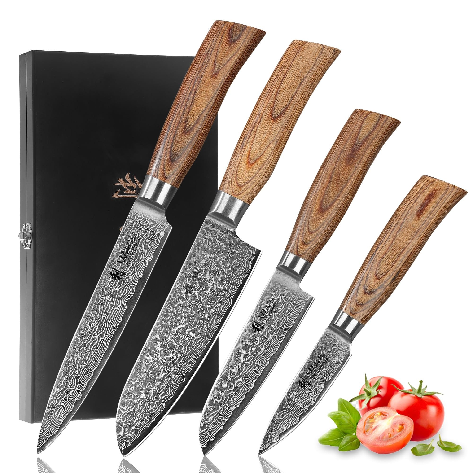 Wakoli Messer-Set Edib Pro 4er Damastmesser-Set I Holzbox I 8-17cm Klinge I Pakkaholz