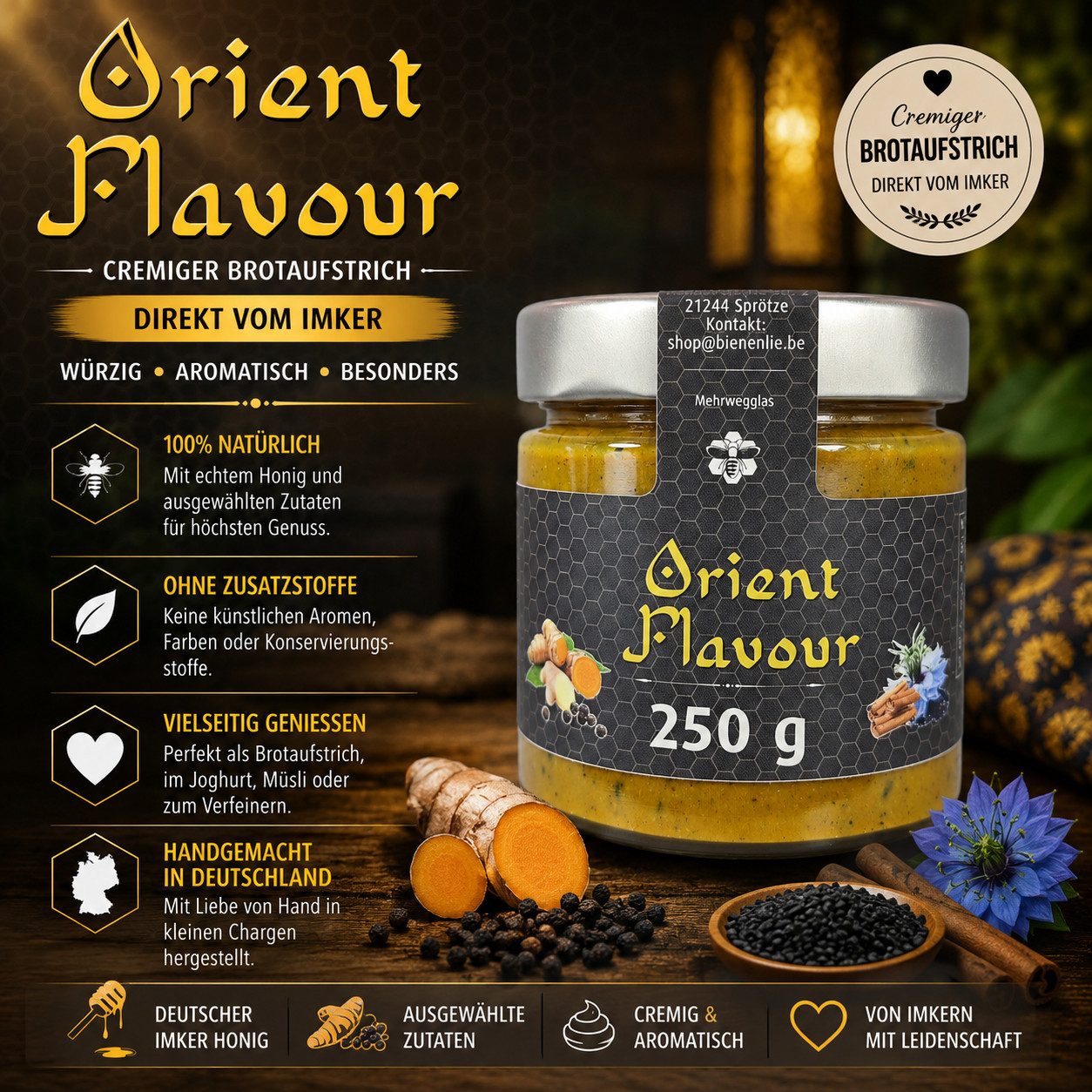 Imkerei BienenLie.be Honig Orient Flavour - frisch & würzig, Orientalischer Brotaufstrich, 1 x 250 g, 1 St. (aus Honig, Kurkuma, Schwarzkümmel, Ceylon-Zimt, Pfeffer, Ingwer)