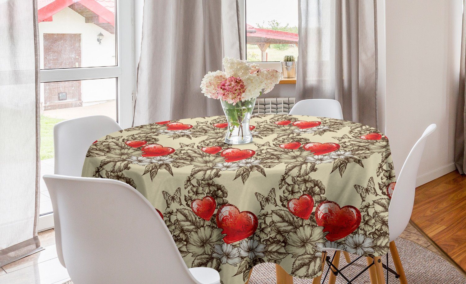 Abakuhaus Tischdecke Kreis Tischdecke Abdeckung für Esszimmer Küche Dekoration, Liebe Blumen und Schmetterling