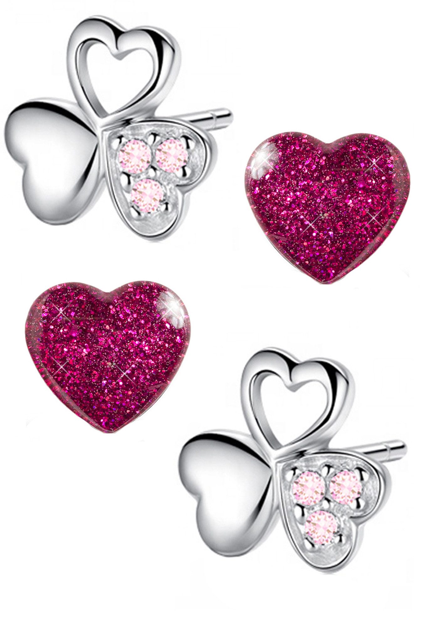 Limana Ohrstecker-Set Kinder Mädchen Ohrringe 925 Silber Kleeblatt Edelstahl Herz rosa pink, Geschenk Idee Kinderschmuck Mädchenohrringe Kinderohrstecker