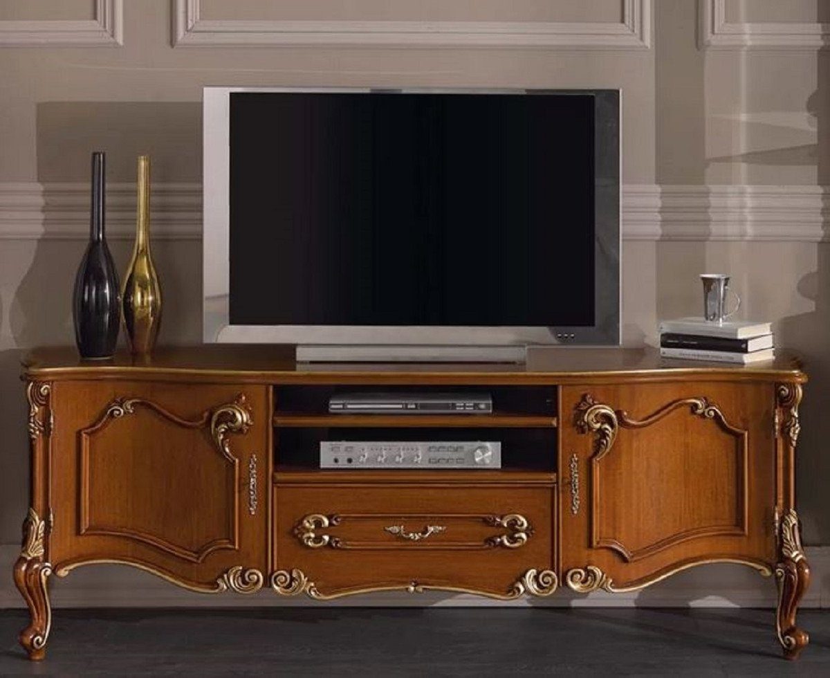 Casa Padrino TV-Schrank Luxus Barock TV Schrank Braun / Gold - Handgefertigtes Massivholz Sideboard mit 2 Türen und Schublade - Barock Wohnzimmer Möbel - Luxus Qualität - Made in Italy