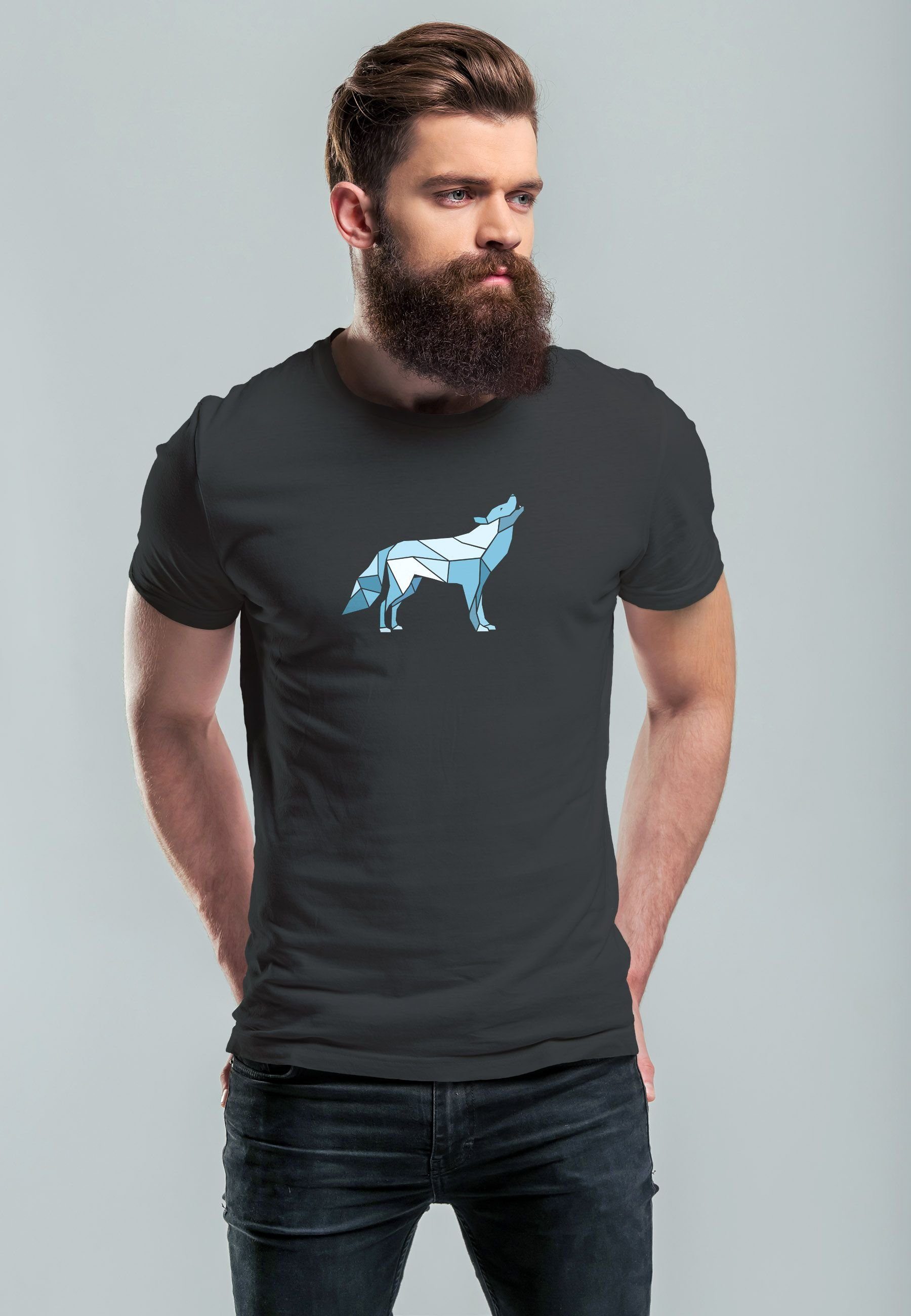 Neverless Print-Shirt Herren T-Shirt Bedruckt anthrazit Print mit Grafik Wolf Polygon Fashion Tiermotiv Outdoor