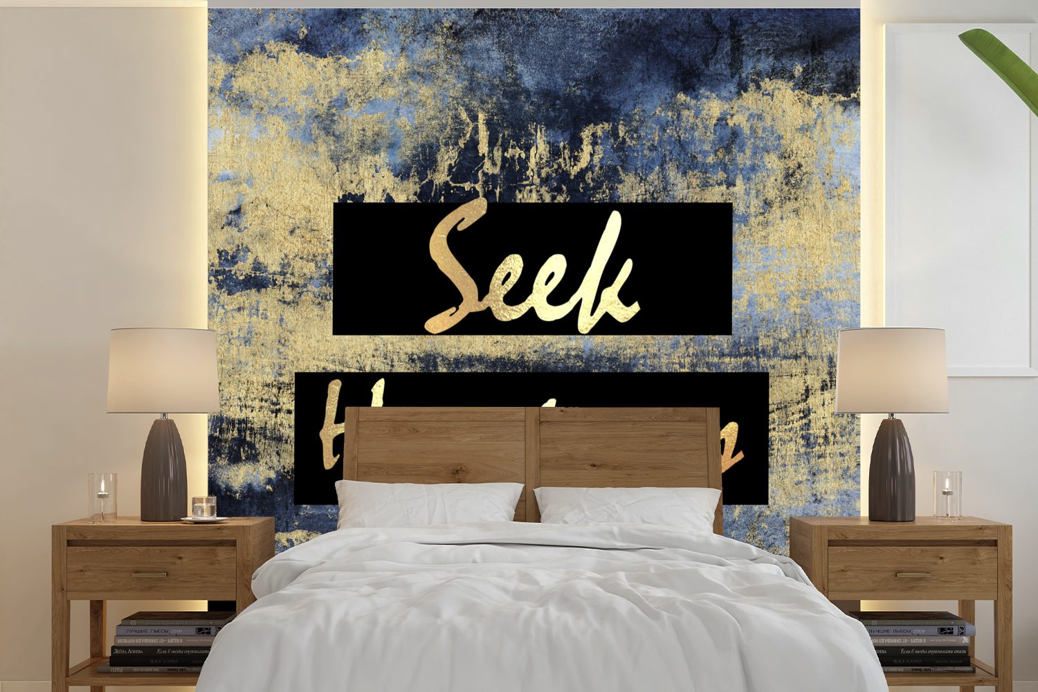 Gold Wandtapete Zitat bedruckt, - (5 Blau, Schlafzimmer, Matt, Fototapete St), für Vinyl - oder MuchoWow - Wohnzimmer Tapete Glück
