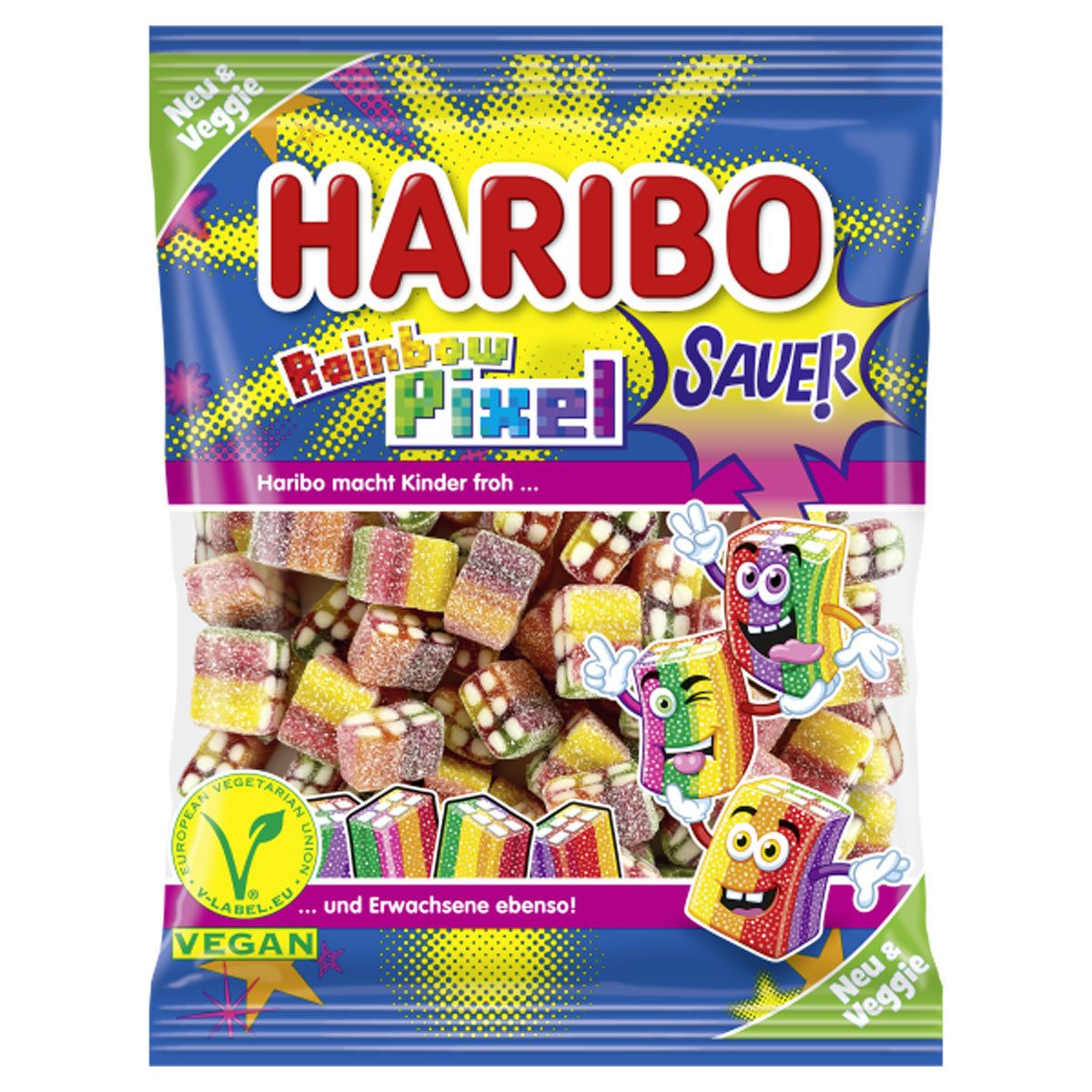 HARIBO Süßigkeit, Haribo Rainbow Pixel sauer veggie gezuckerte saure Fruchtgummi 160g
