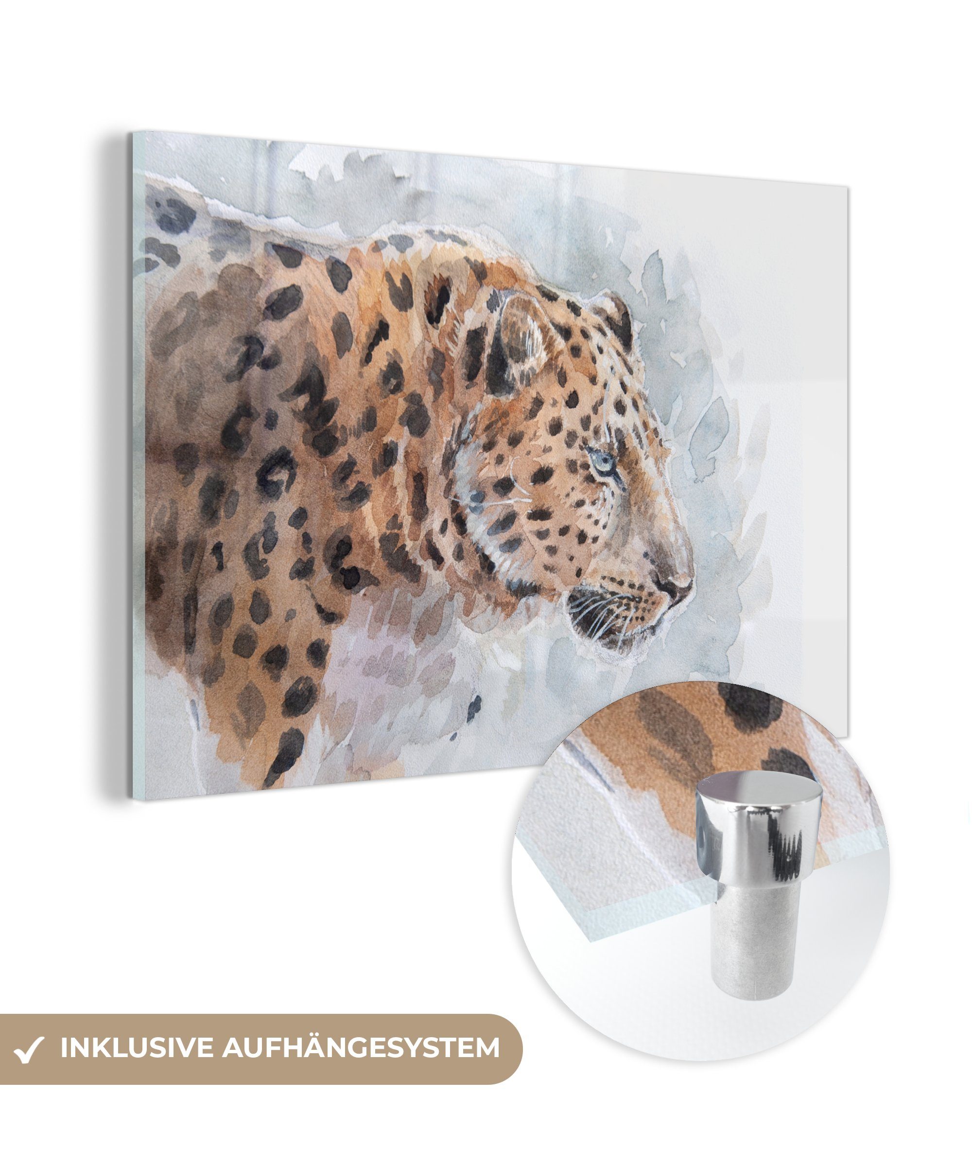 MuchoWow Acrylglasbild Leopard - Aquarell - Blau, (1 St), Glasbilder - Bilder auf Glas Wandbild - Foto auf Glas - Wanddekoration