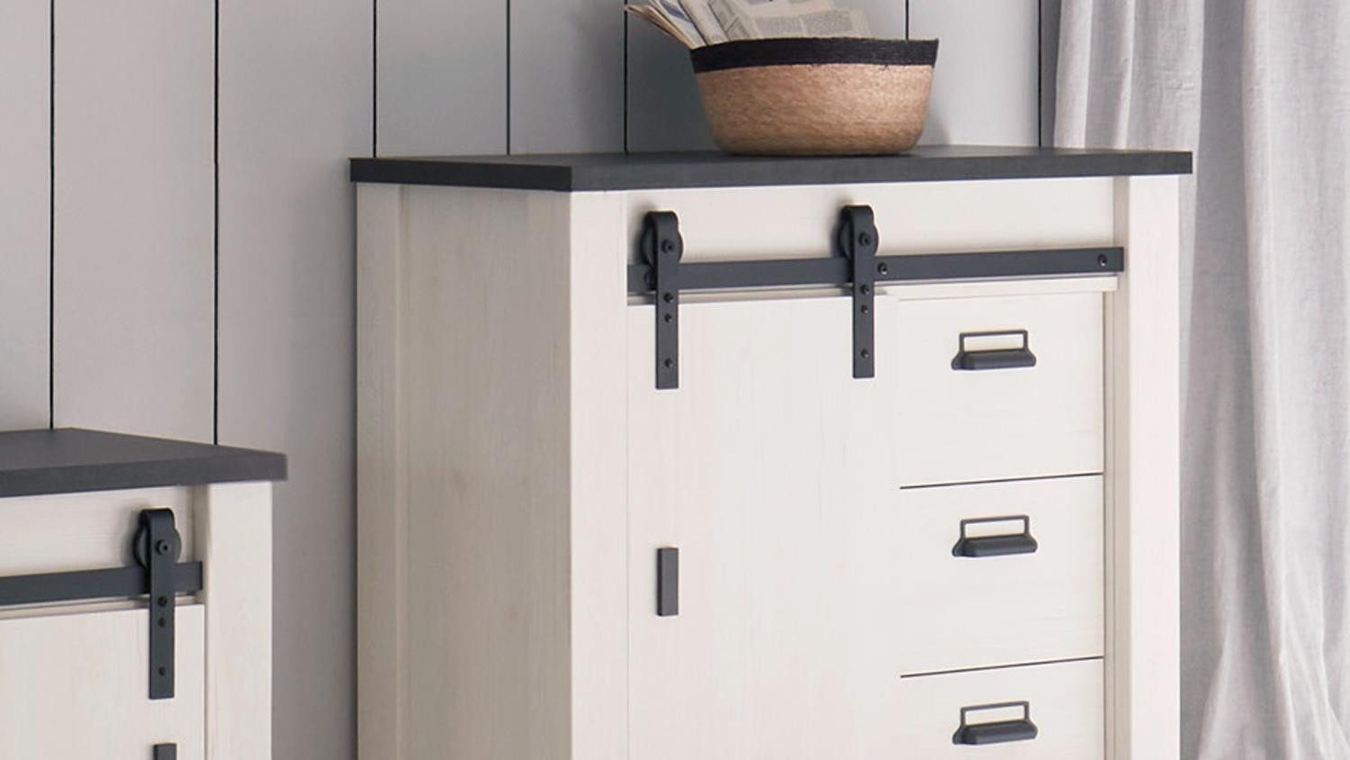 Möbel Akut Wohnwand Wohnwand Sherwood W2 Pinie weiß anthrazit mit soft-close, (3-St)