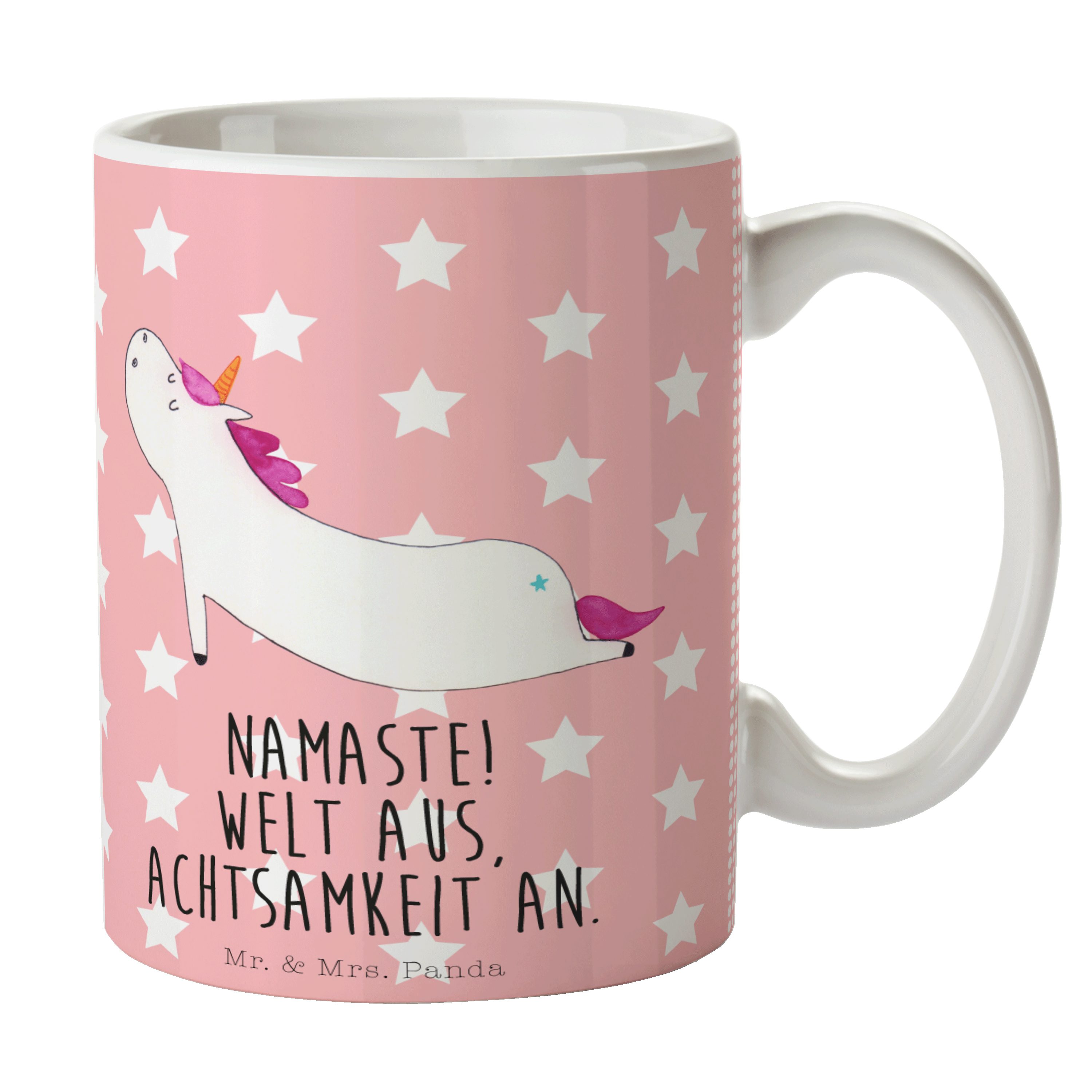 Mr. & Mrs. Panda Tasse Einhorn Yoga - Rot Pastell - Geschenk, Tasse Motive, Geschenk Tasse, Keramik