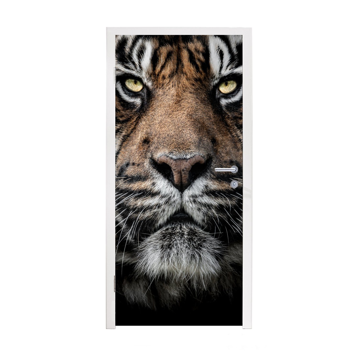 MuchoWow Türtapete Porträt-Tiger auf schwarzem Hintergrund, Matt, bedruckt, (1 St), Fototapete für Tür, Türaufkleber, 75x205 cm