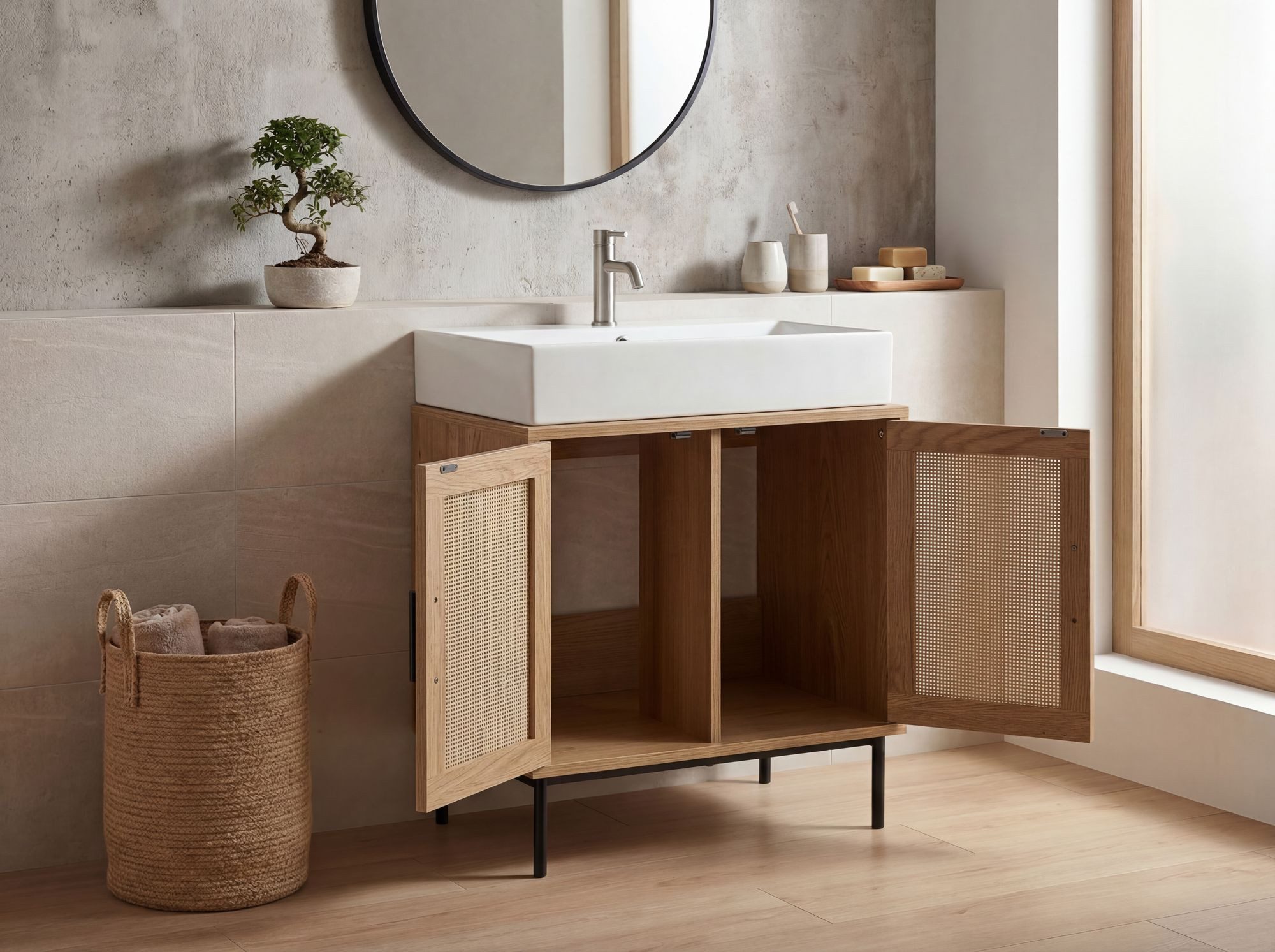 FineBuy Waschbeckenunterschrank Eiche-Optik 60x60x40 cm mit Türen, Badezimmerschrank mit Rattangeflecht, Unterschrank Stehend, Badschrank Midischrank Klein Wasc – Bild 2 von 5