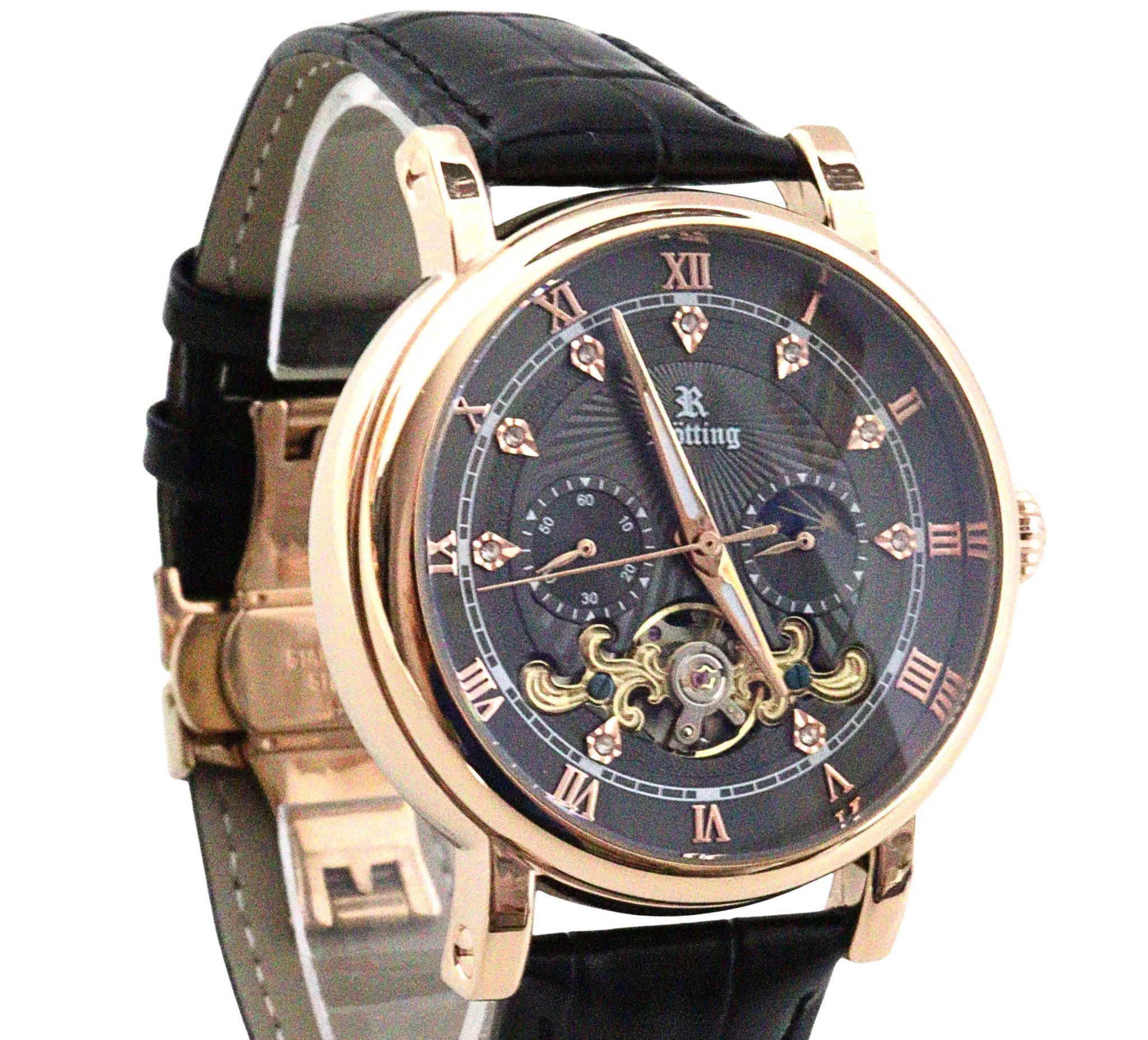 Rötting Design Automatikuhr Herrenuhr Armbanduhr Tag/Nacht Phase schwarzes Ziffernblatt, Tag/Nacht Phasen Anzeige, goldrosefarbenes Gehäuse