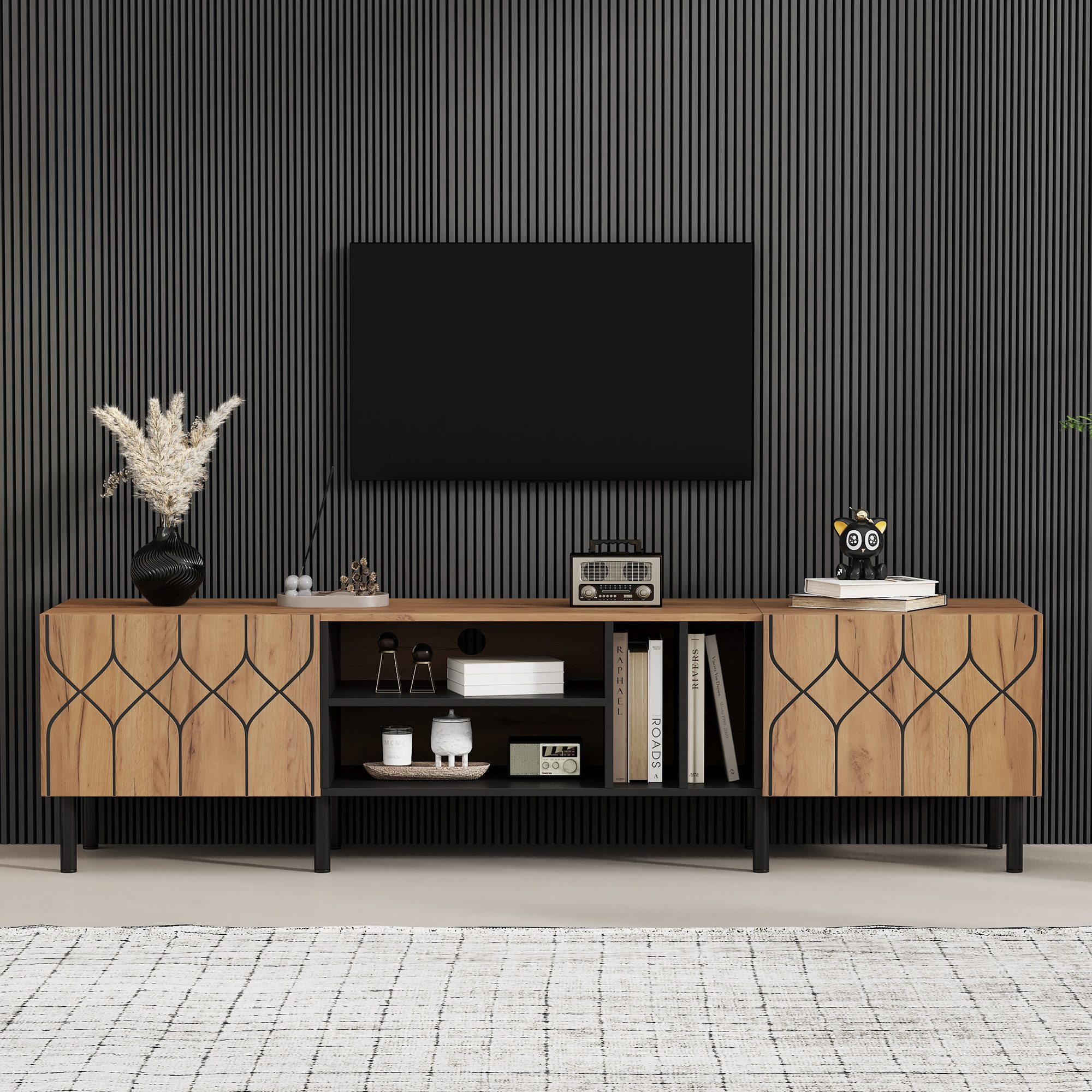 KLAM HOME Lowboard Griffloser TV-Schrank 180cm für 70-Zoll Fernseher (Modernes Lowboard mit 2 Türen & 4 offenen Fächern), Fernsehtisch mit Saugroboter-Abstand und Kabeldurchführung