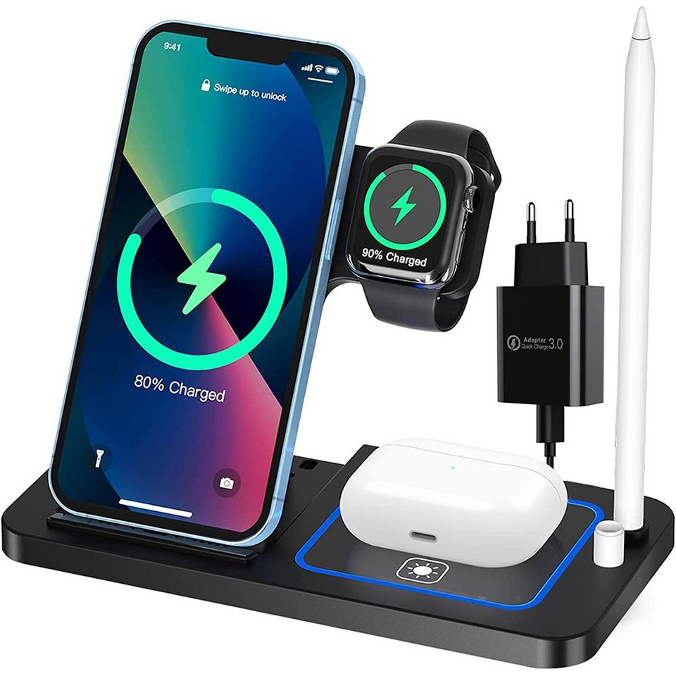 GelldG Wireless Charger, 15W 4 in 1 Induktive Ladestation, QI Ladestation  Ladestation