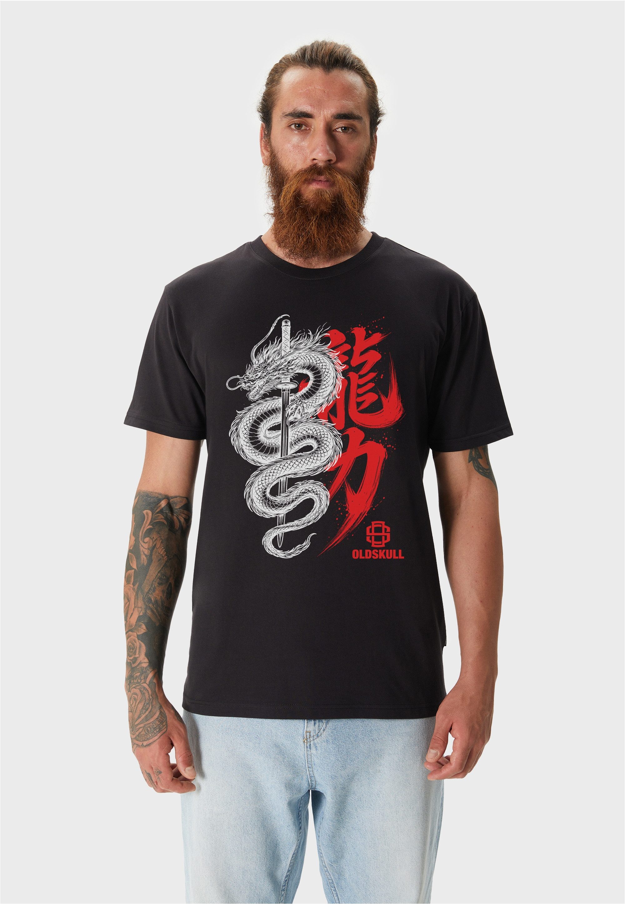 Oldskull T-Shirt Asian Dragon Kanji Graphic mit großem Drachen-Motivdruck