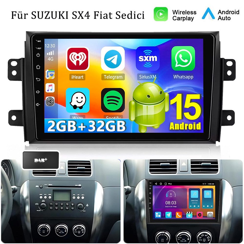 ESSGOO 9'' DAB+ Autoradio Android 15 für Suzuki SX4 2006–13 CarPlay GPS Navi Autoradio (RDS, 4+64GB(optional), FM, AM, DAB+ (optional), Android Auto Apple Carplay,Bluetooth,USB,WIFI)
