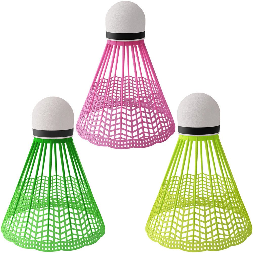 Nils Badmintonball Federball Nylonbälle Badmintonset (Spar-Set, 3-St., Korb 65 mm robust), robuster Nylon-Korb, EVA-Kopf, 3 Farben