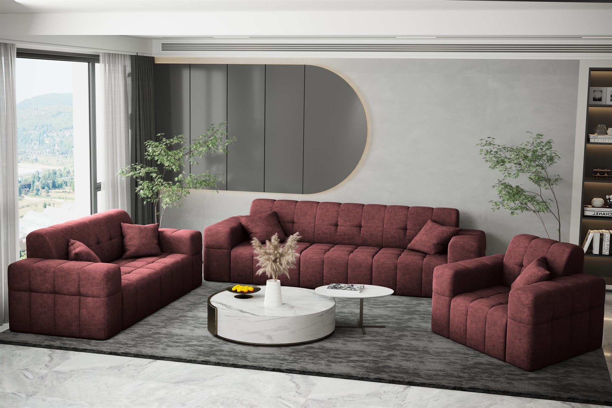Sofa Sofa in Fun Harmony, Möbel Stoff NANCY 3-Sitzer Bordeauxrot Designer-Sofa Rundumbezug