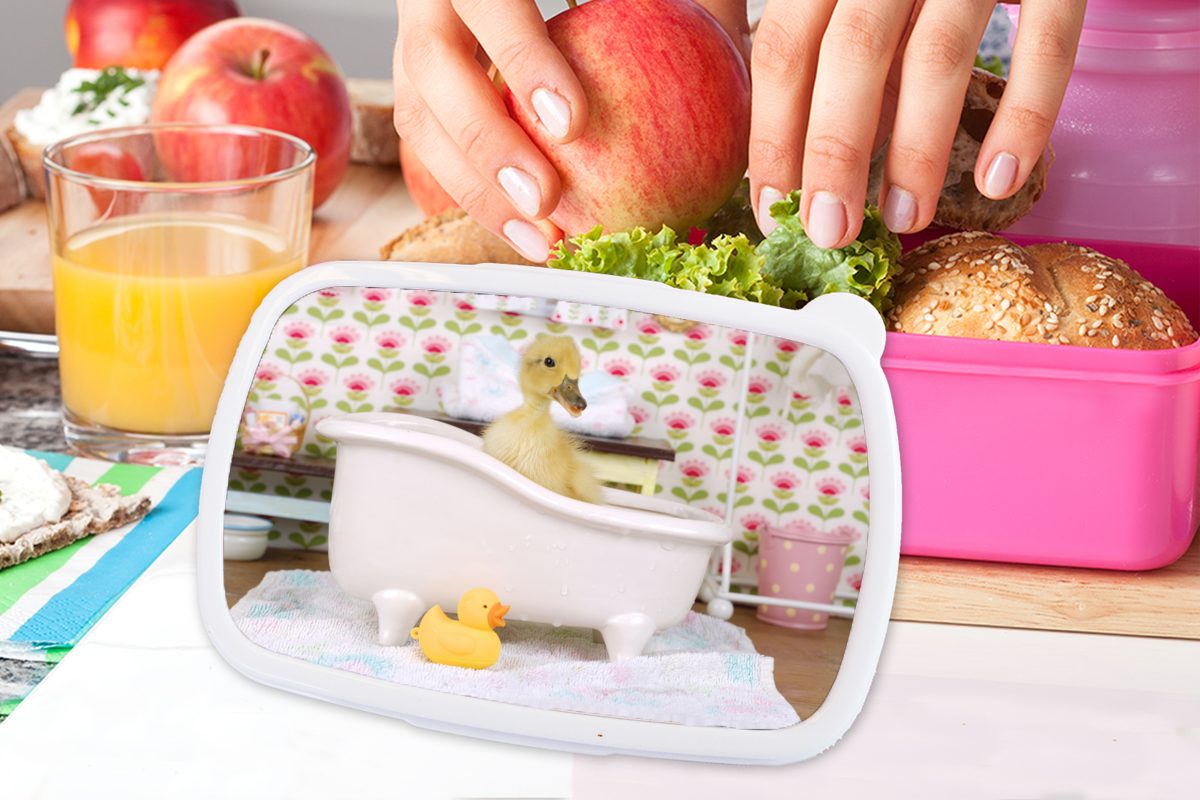 Lunchbox Mädchen, Kinder, Bad Kunststoff Brotdose - MuchoWow Kunststoff, (2-tlg), Brotbox Erwachsene, rosa - Ente Snackbox, Gummi-Ente, für