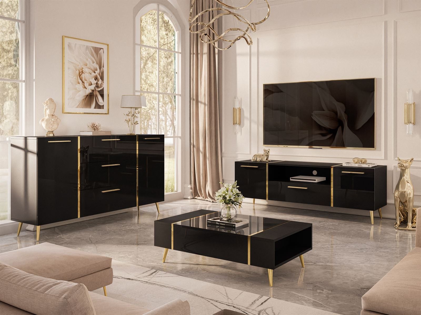 ALLHOUSE24 Wohnzimmer-Set DIAMANT Schwarz Hochglanz GOLD Metallfüßen Wohnzimmer Möbel SET, Das Set besteht aus: Kommode, TV Schrank, Couchtisch