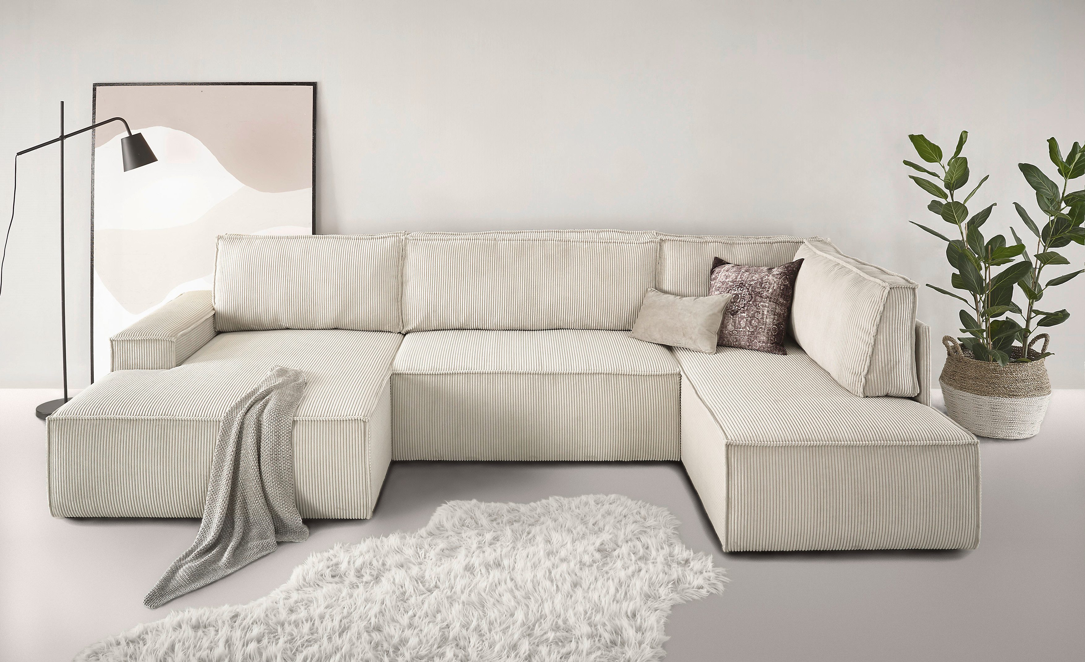 Home affaire Wohnlandschaft SHERWOOD 329 cm, U-Form, Schlafsofa, Schlaffunktion m. Bettkasten (194x139 cm), Cord, Vintage, Samtvelours