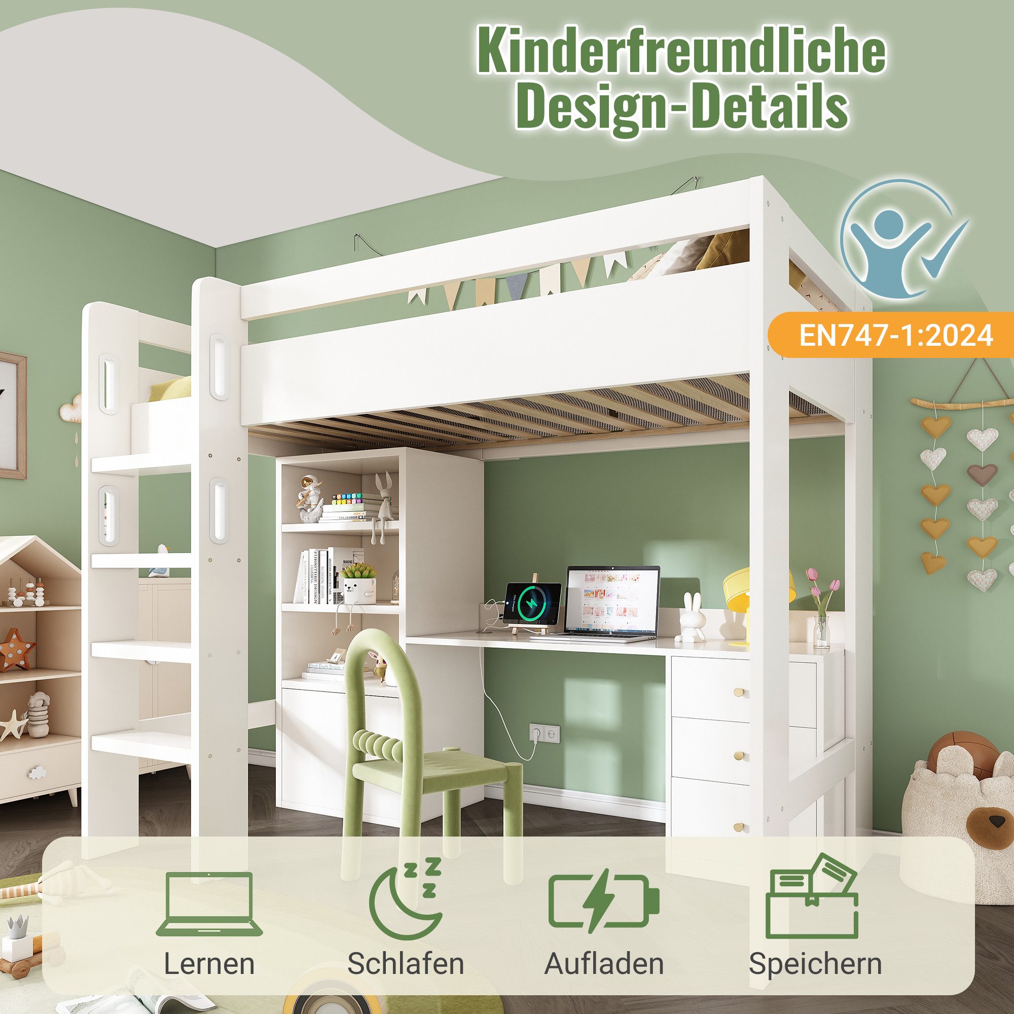 Merax Loft Bed (1-pc) Children's Bed 90x200 with Desk, Wardrobe & USB-C, Solid Wood