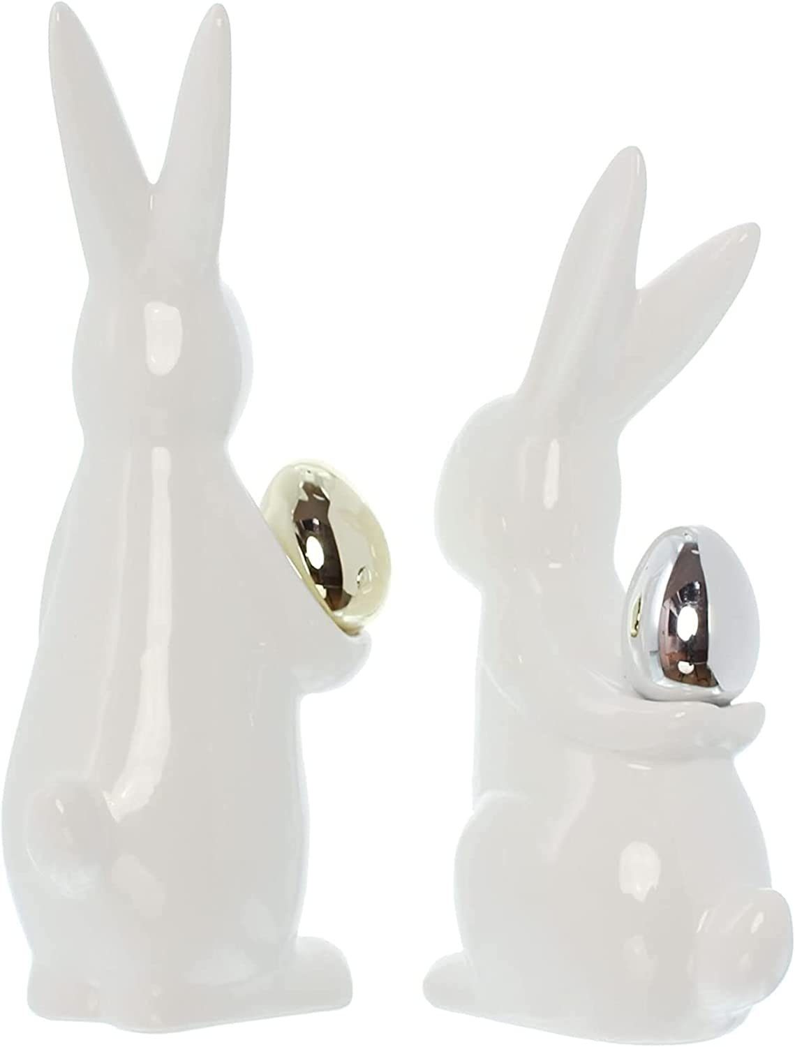 Dekoleidenschaft Osterhase "Classical" aus Porzellan, weiß mit Osterei in gold & silber, Dekohase (2 St., im Set), Hasen 20 + 23 cm hoch, Dekofigur, Dekohase, Porzellanfigur, Osterdeko