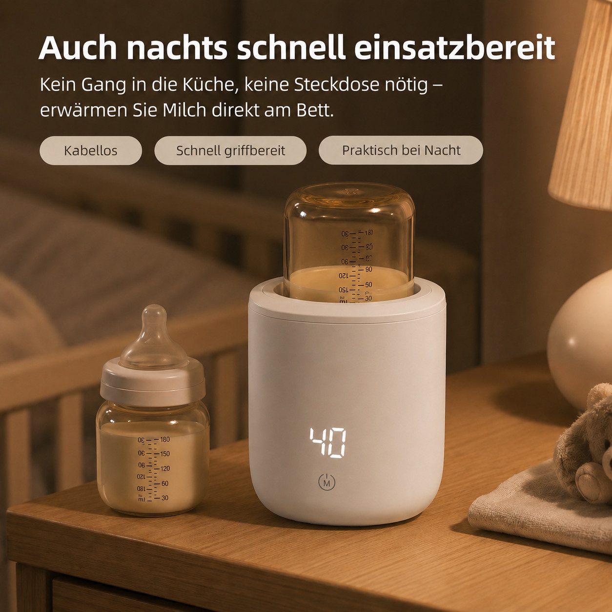 Tekoo Babyflaschenwärmer Tragbarer Flaschenwärmer Baby Akku 5000mAh, Kabellos, 4 Temp-Stufen, Kabellos, 4 Temperaturstufen, IPX6 Wasserdicht, 60W Schnellheizung