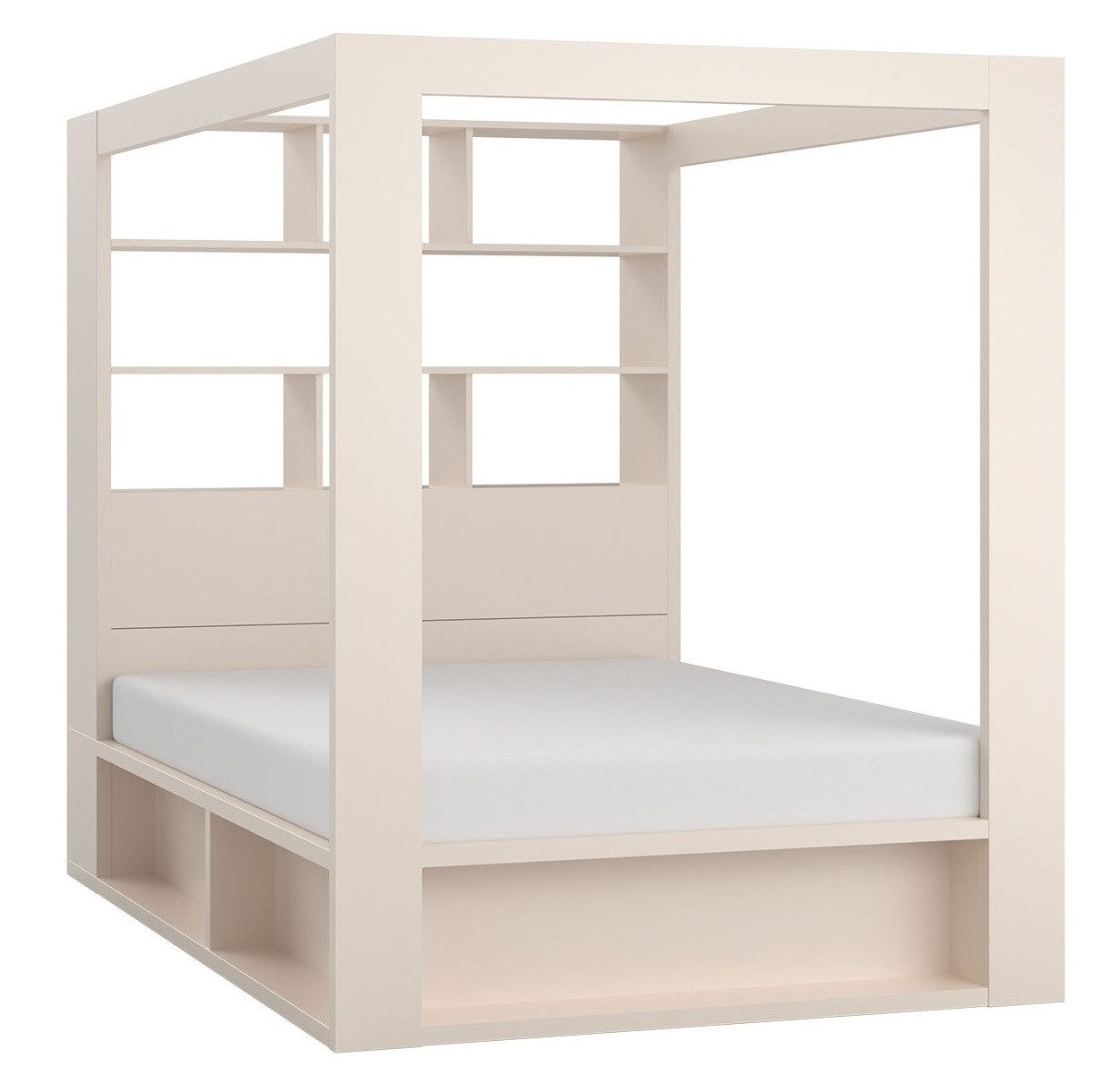 QMM TraumMöbel Himmelbett Calgary 160x200 sandbeige mit Lattenrost 2 Bettkasten, Regal (Einzelnes Möbelstück, 1-tlg., Bett), mit Bettkasten und integriertem Bücherregal